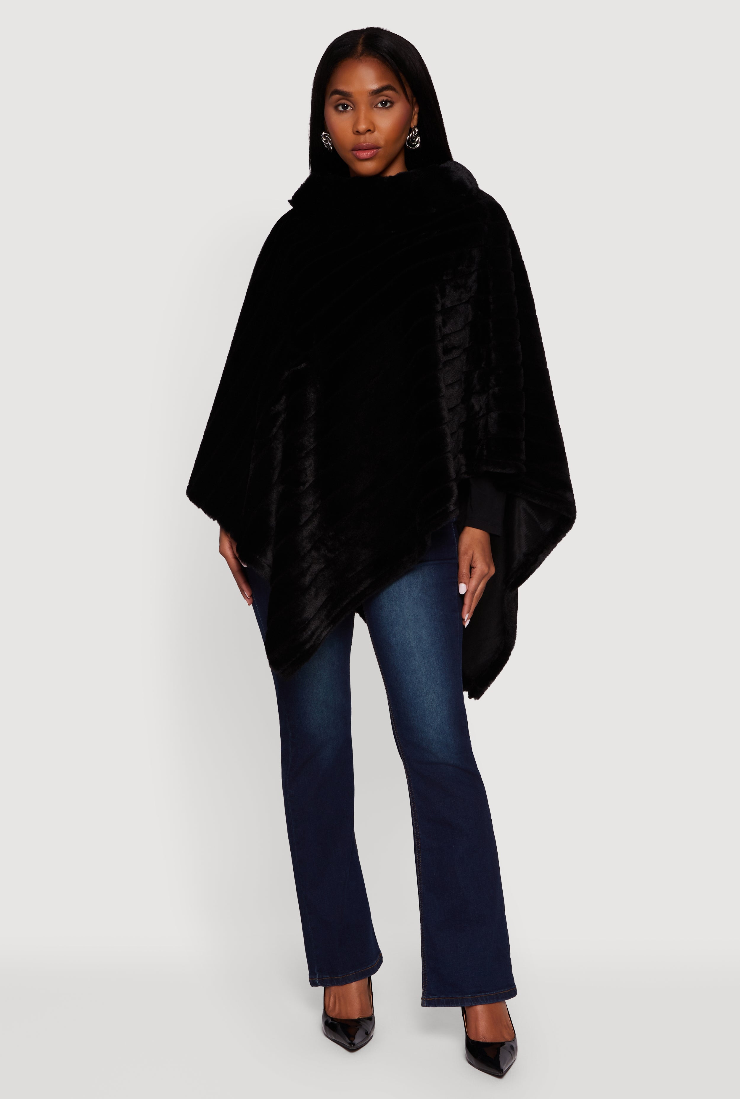 Plus Size Faux Fur Solid Funnel Neck Poncho