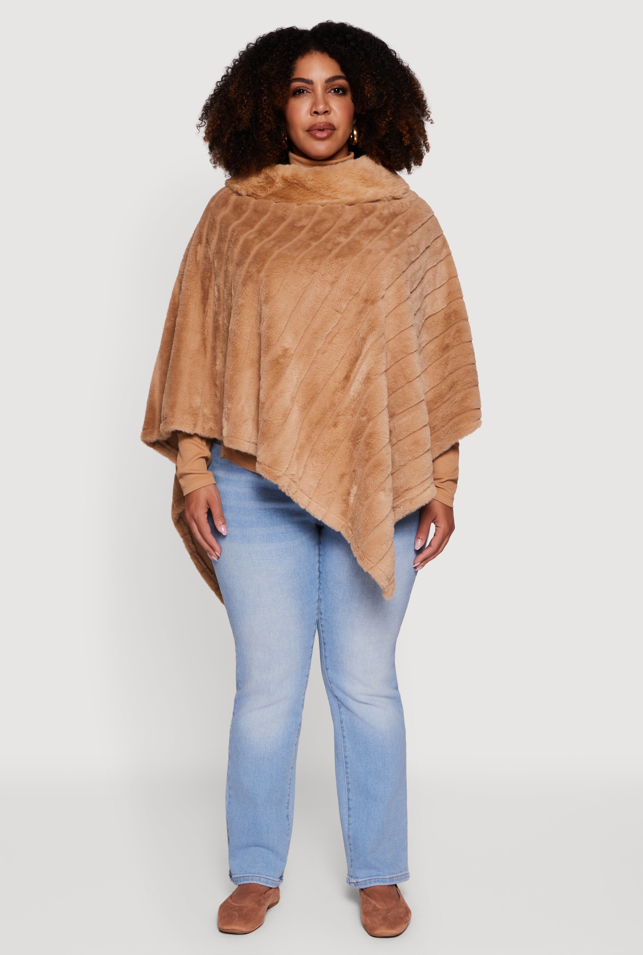Plus Size Faux Fur Solid Funnel Neck Poncho