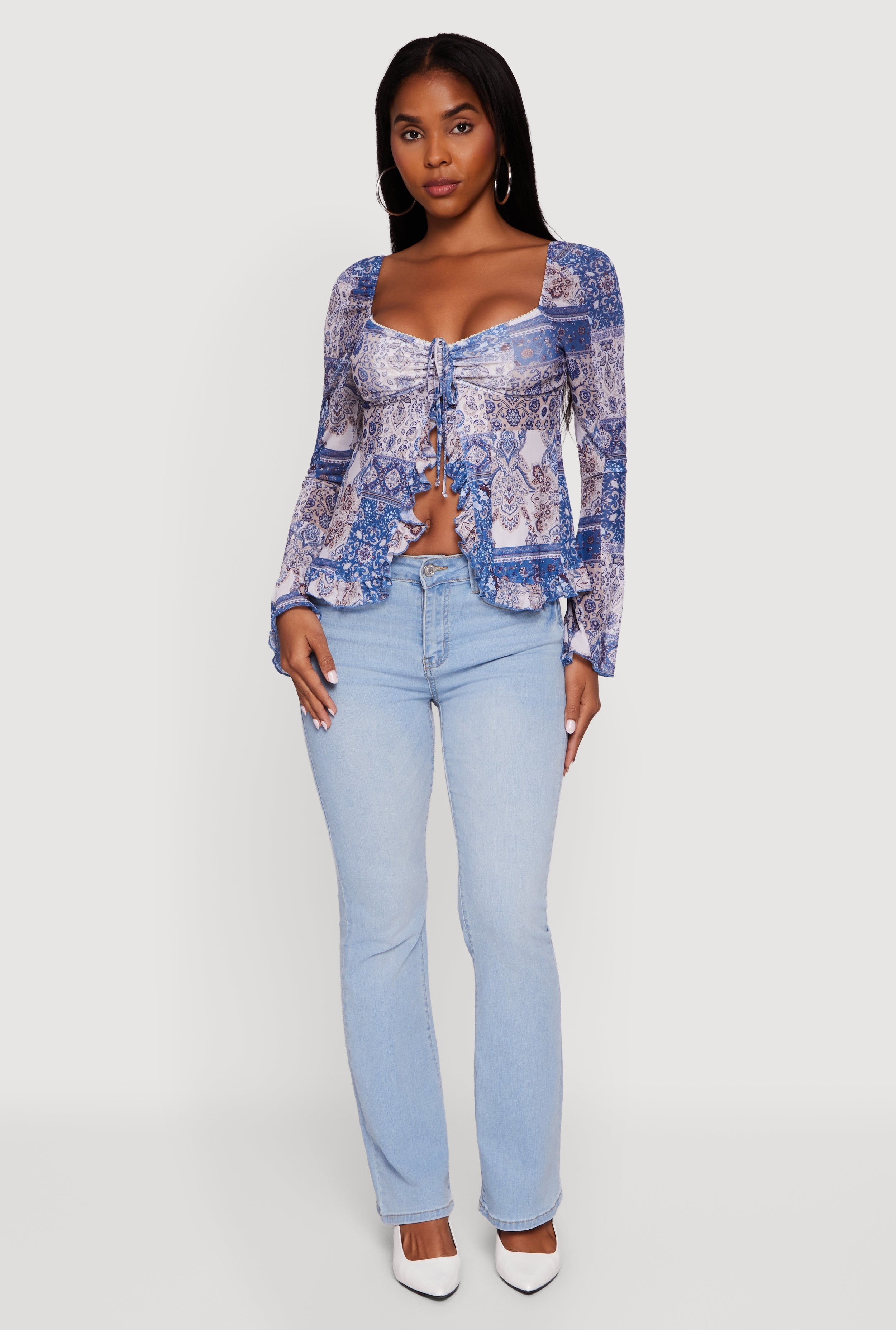 Paisley Mesh Bell Sleeve Blouse