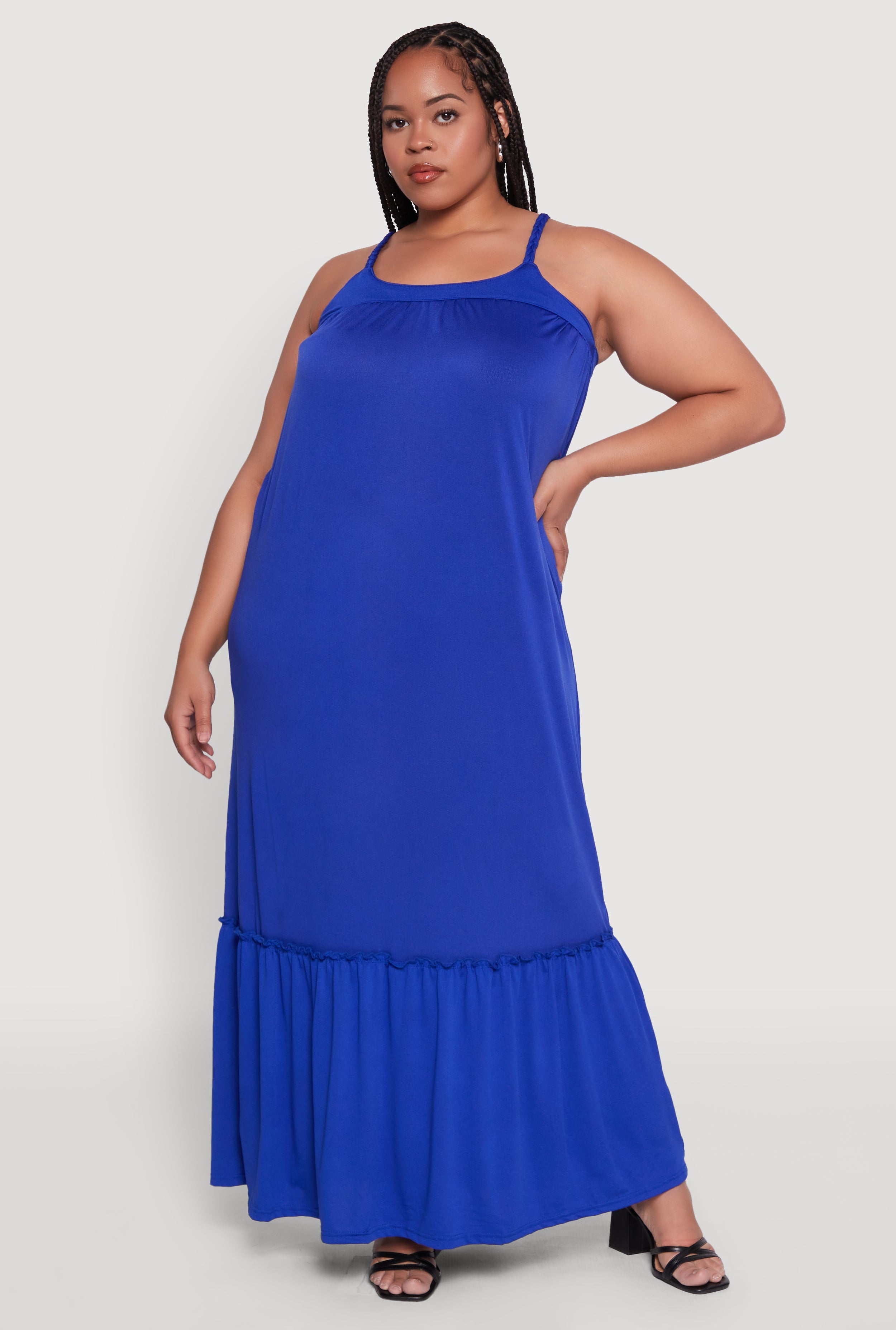Plus Size Crepe Knit Cami Dress with Flounce Hem and Braided Straps