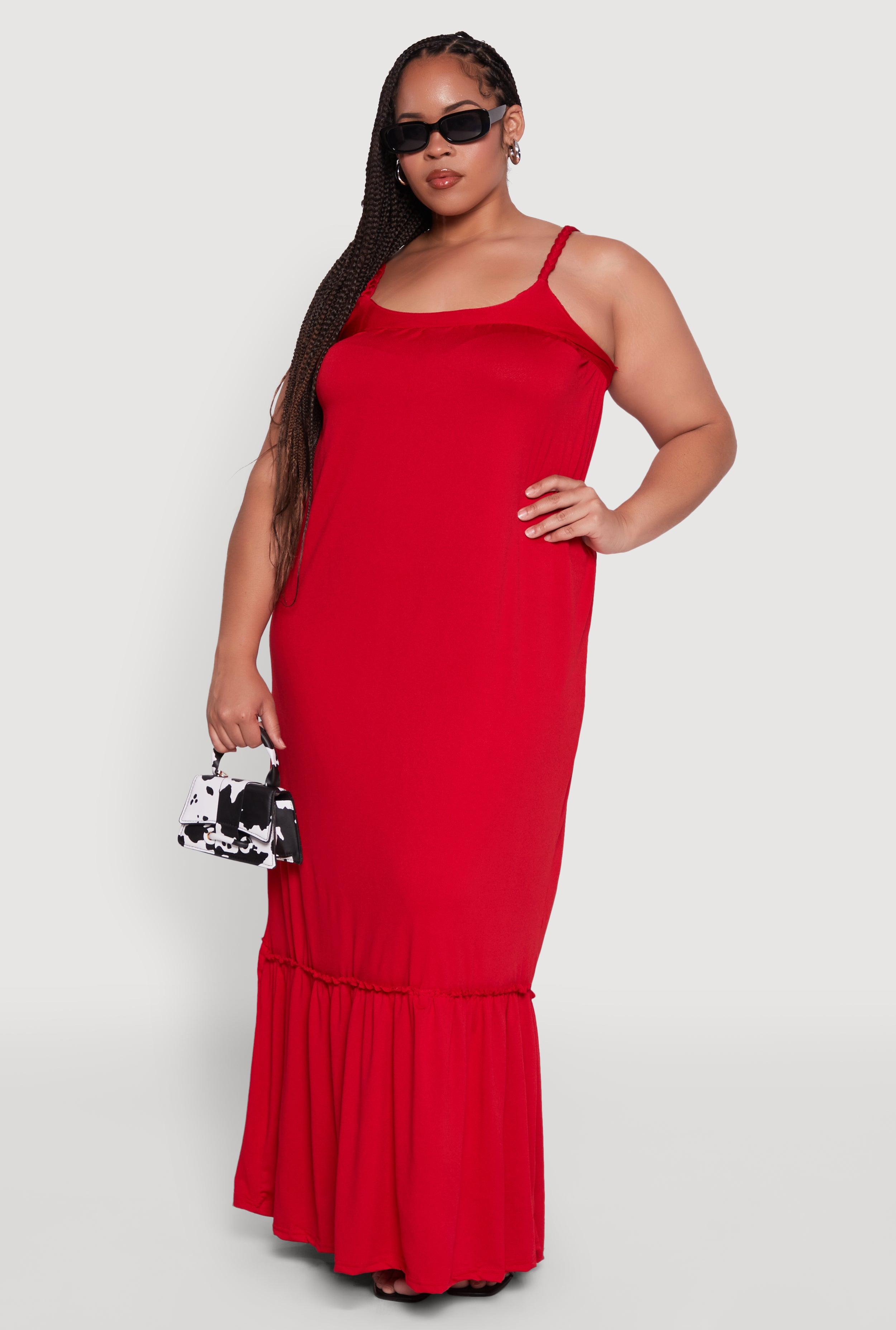 Plus Size Crepe Knit Cami Dress with Flounce Hem and Braided Straps