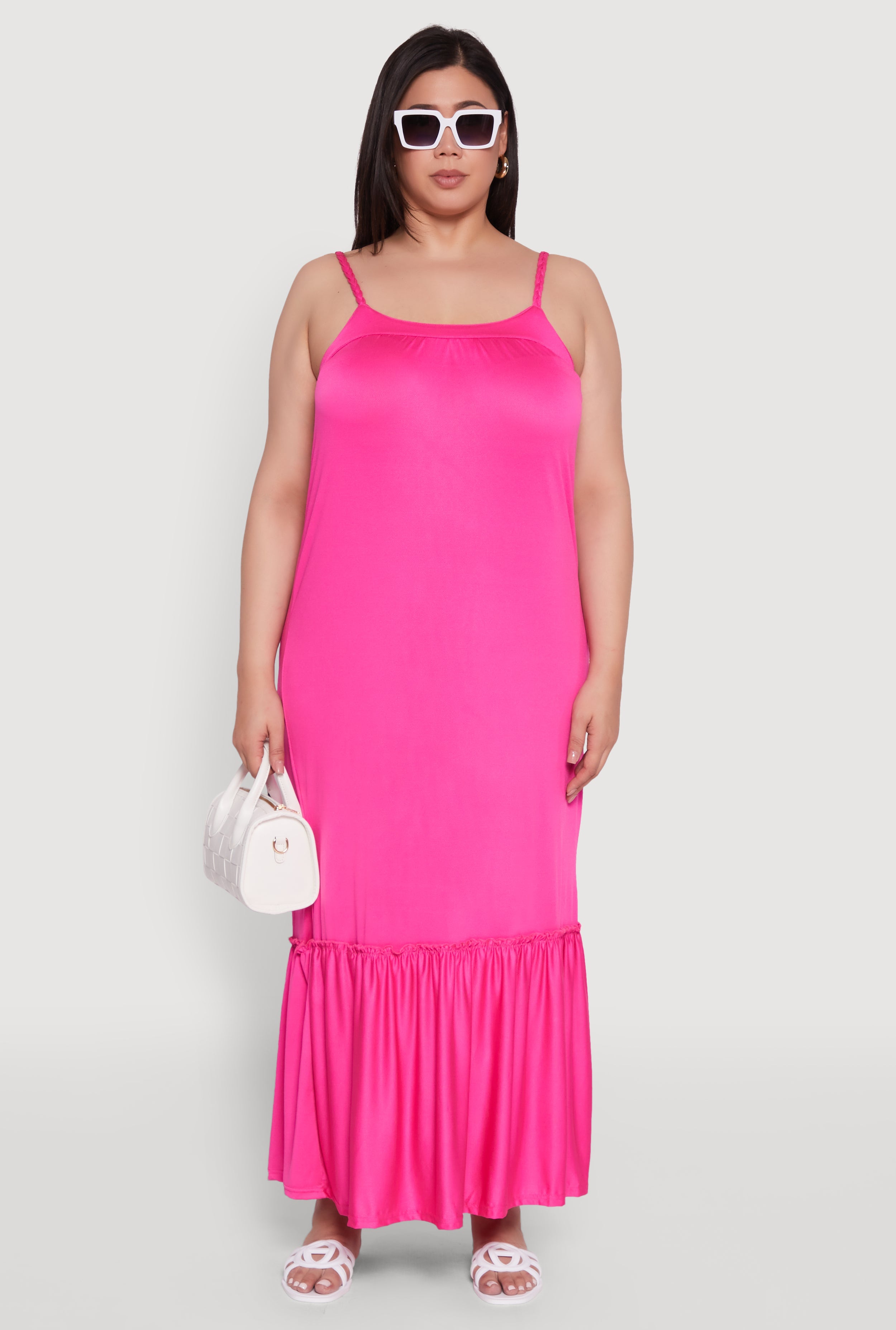 Plus Size Crepe Knit Cami Dress with Flounce Hem and Braided Straps