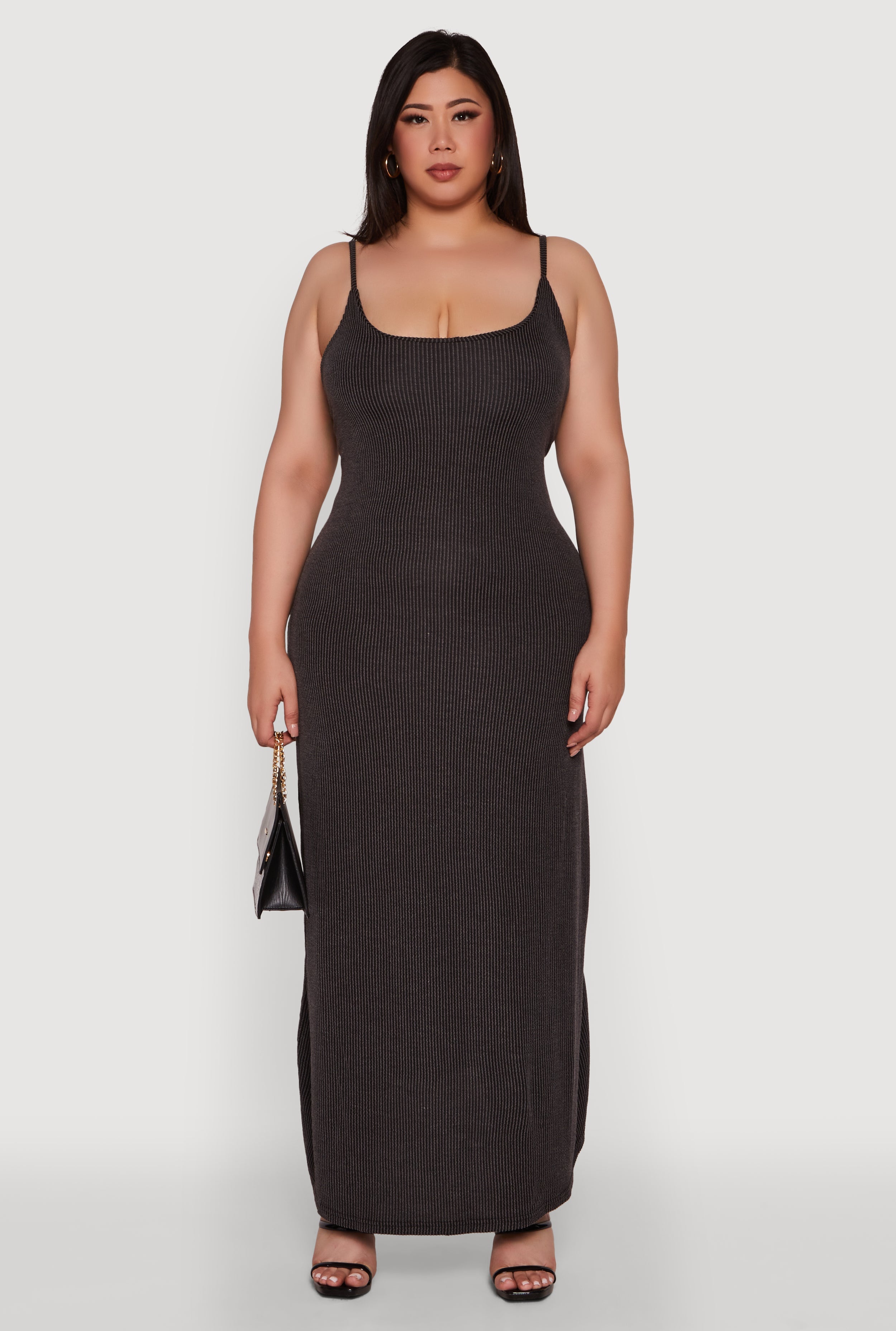 Plus Size Textured Knit Scoop Neck Spaghetti Strap Cami Dress