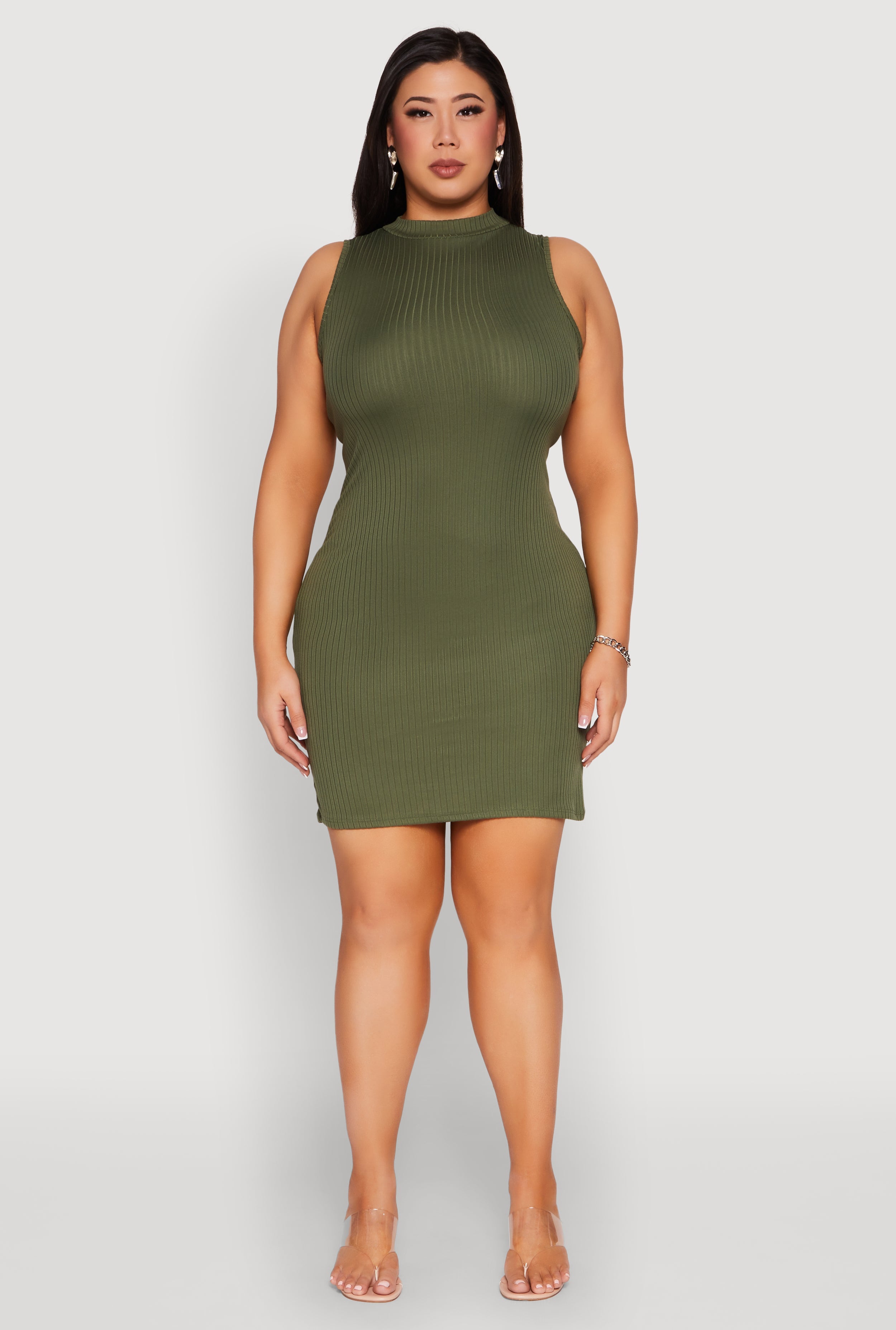Plus Size Ribbed Knit Mock Neck Tank Dress
