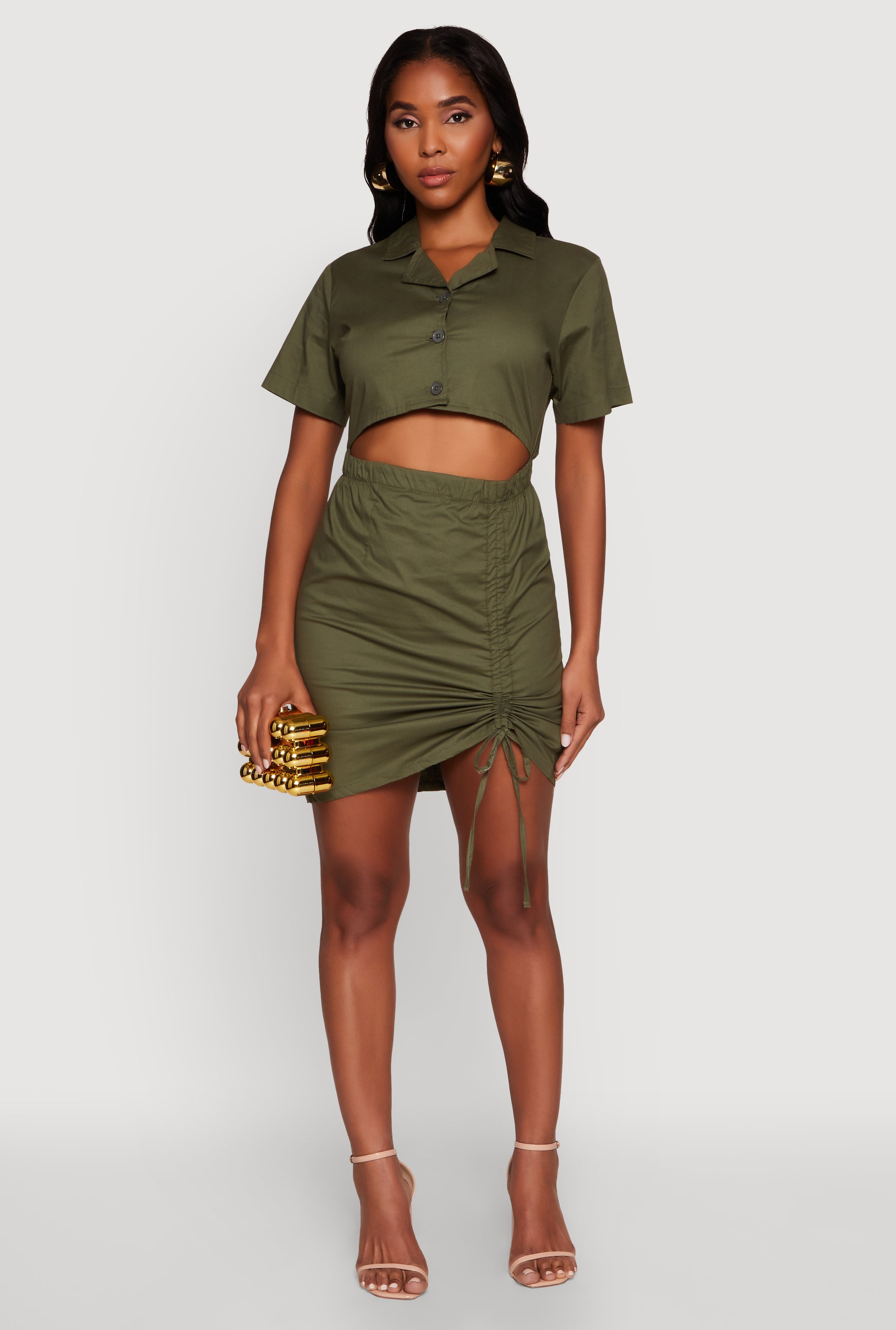 Lace Up Back Button Front Cut Out Mini Dress