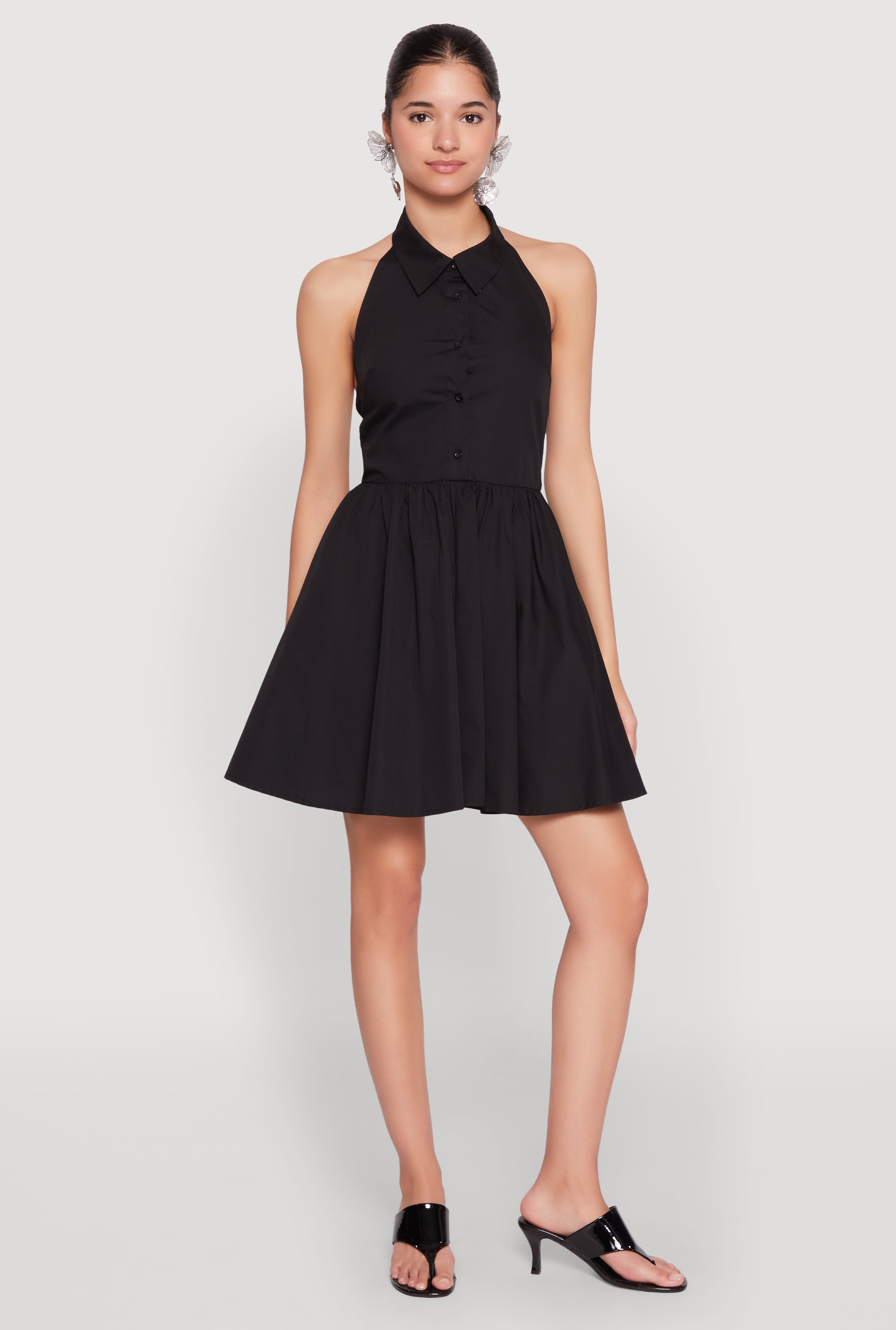 Halter Button Front Skater Dress