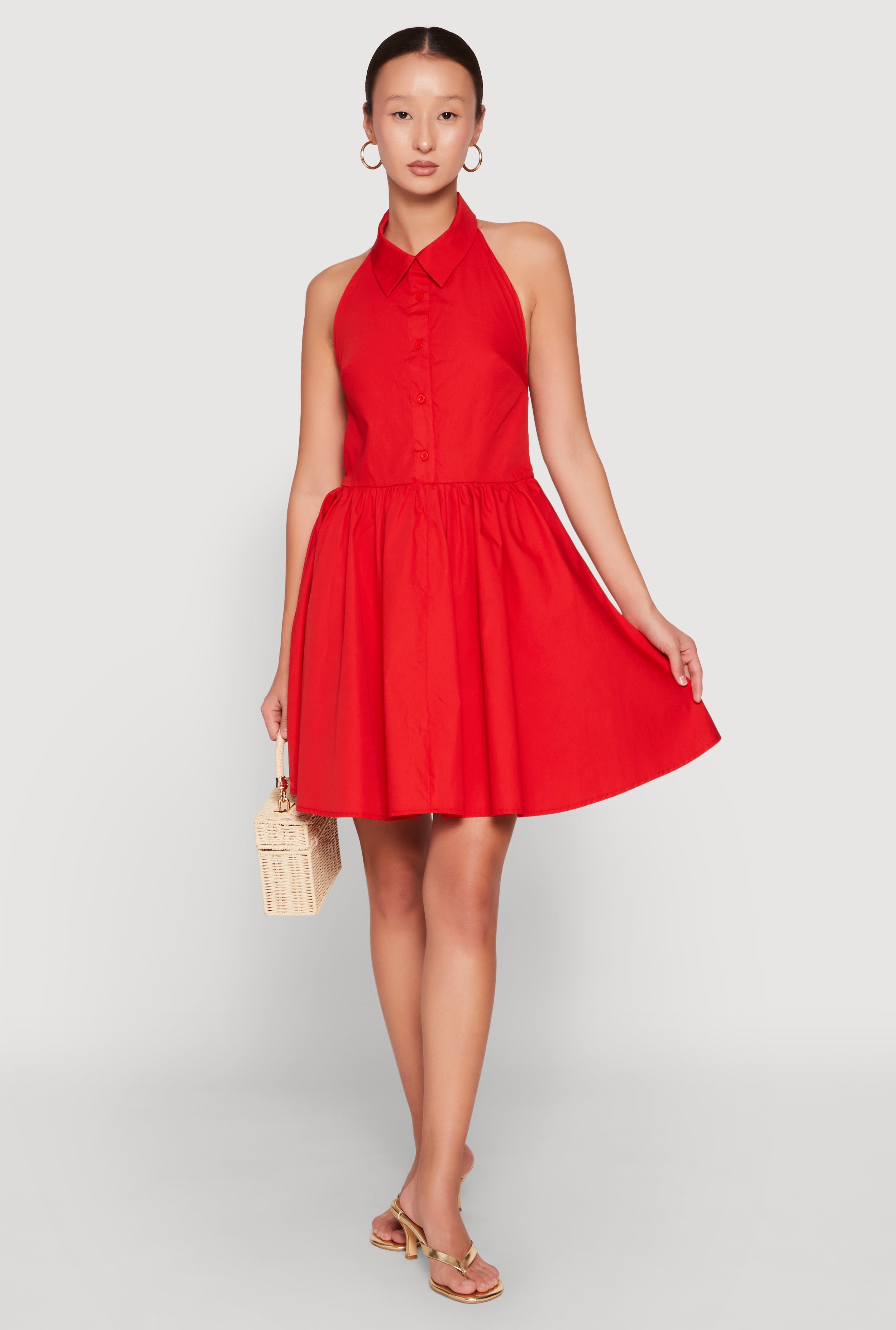 Halter Button Front Skater Dress
