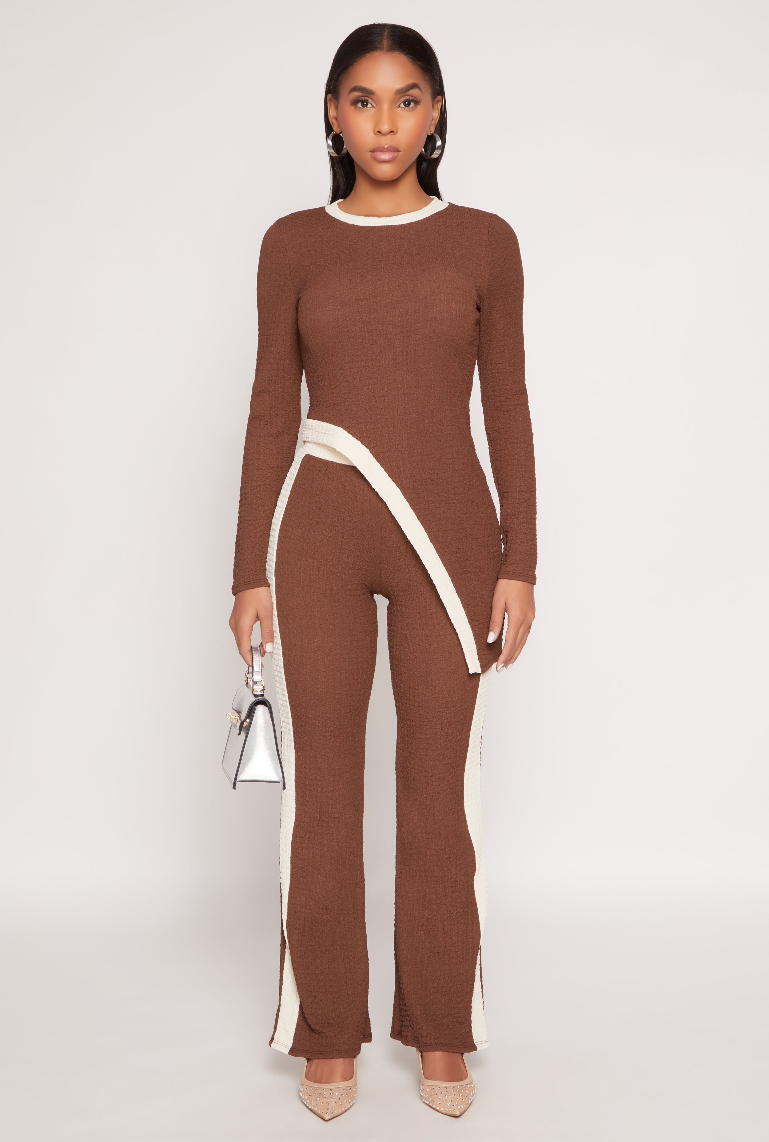 Contrast Trim Textured Knit Pants