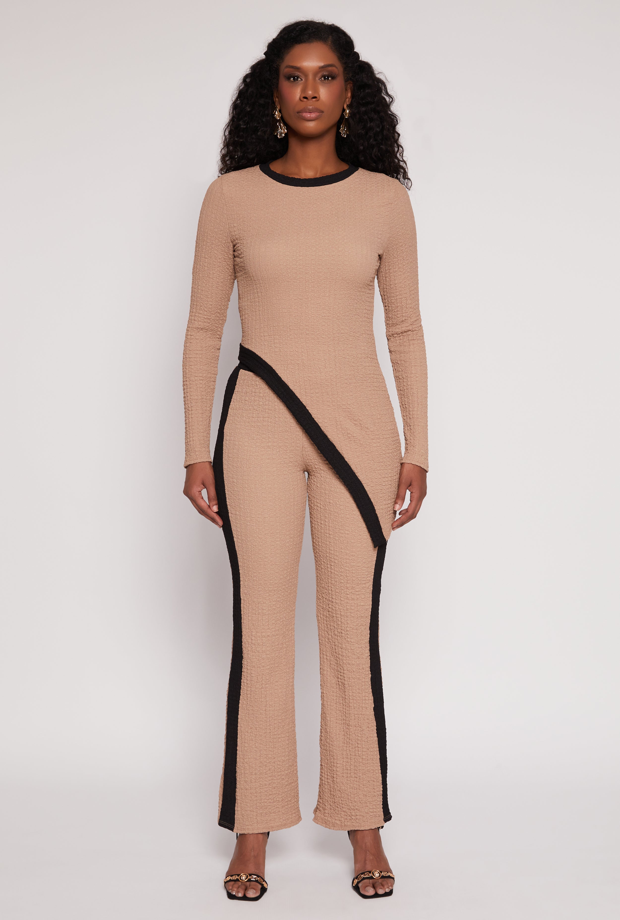 Contrast Trim Textured Knit Pants