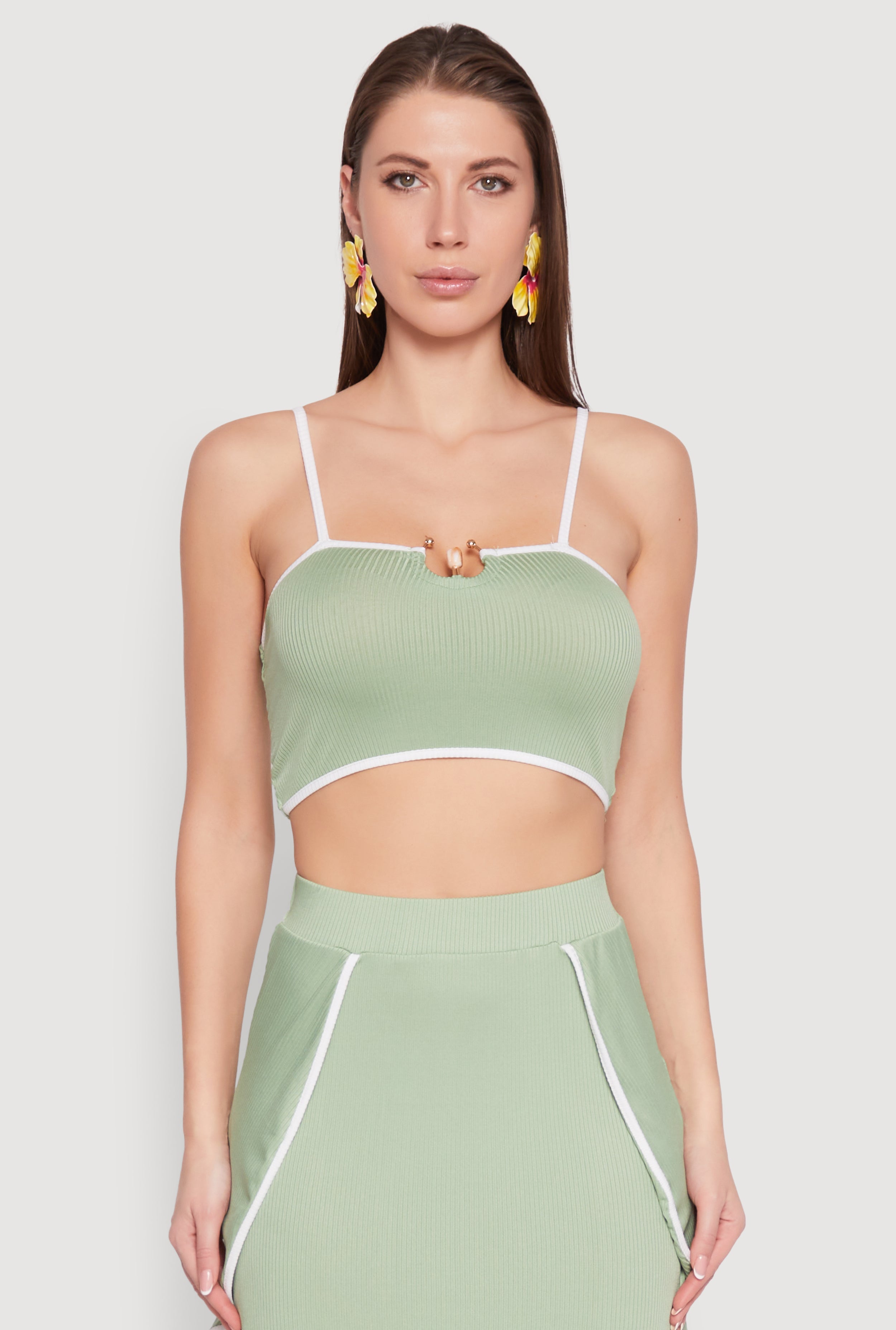 Metallic Notch Neck Contrast Trim Crop Top