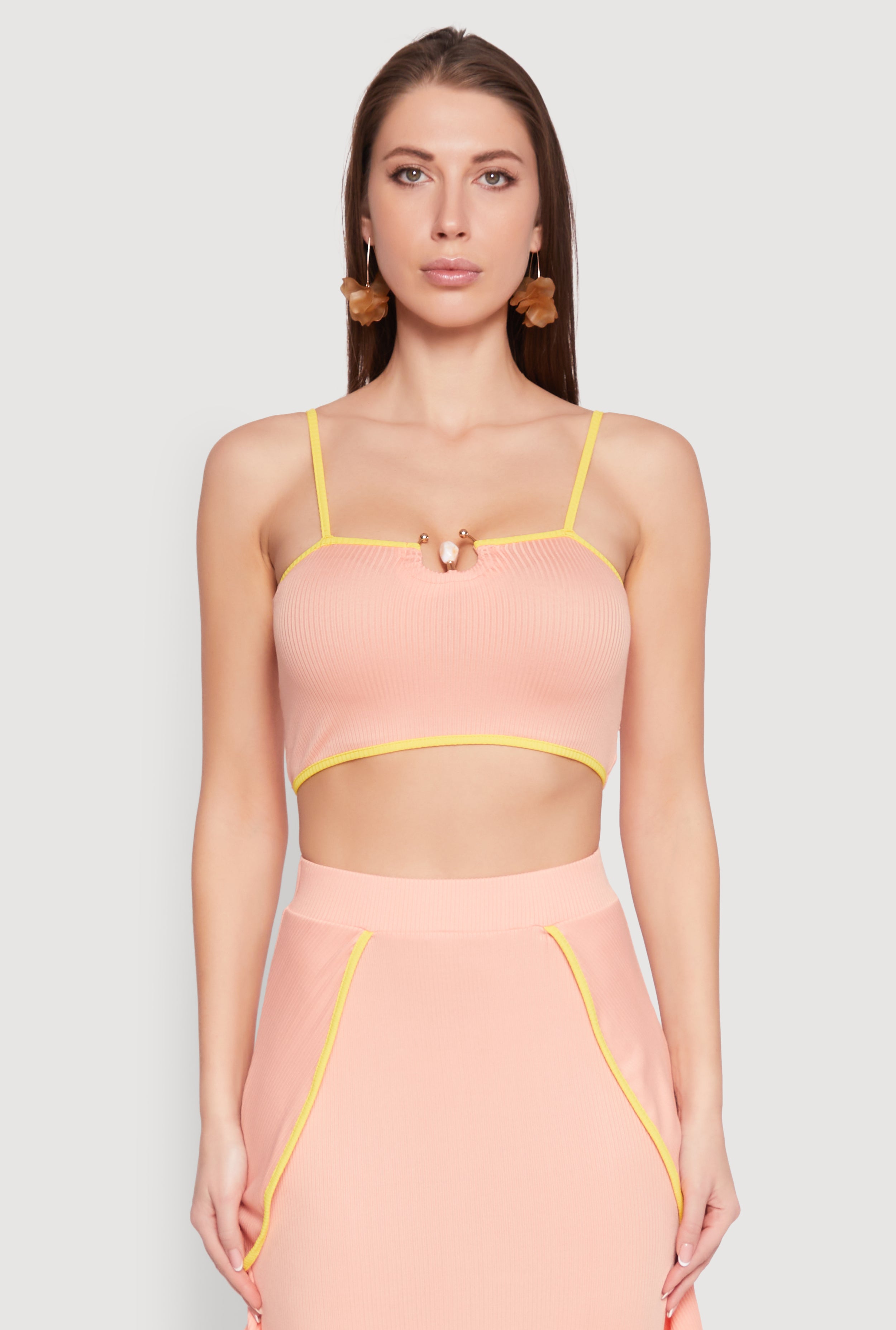 Metallic Notch Neck Contrast Trim Crop Top