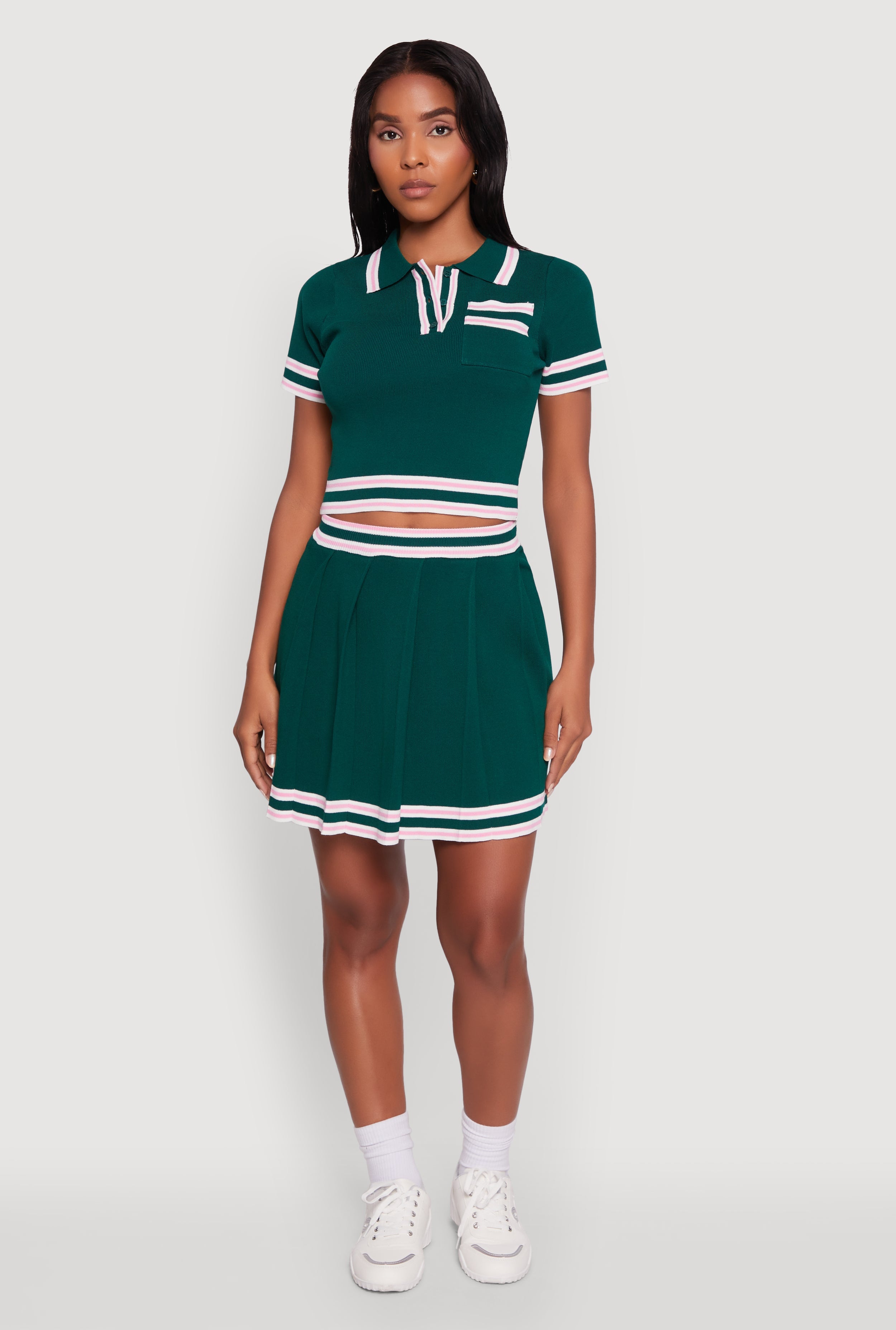 Daisy High Waisted Pleated Skirt with Varsity Stripe Detail
