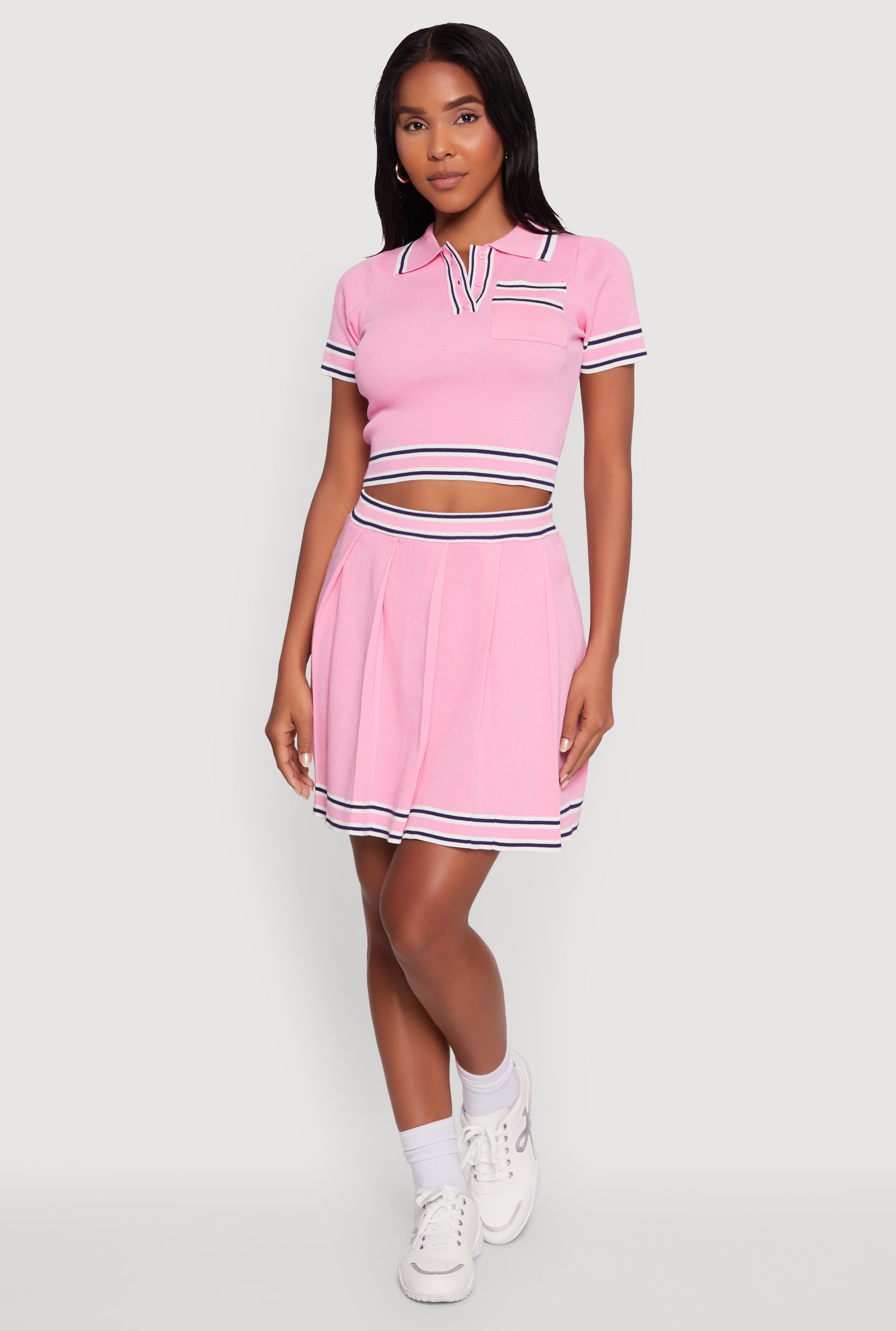 Daisy High Waisted Pleated Skirt with Varsity Stripe Detail