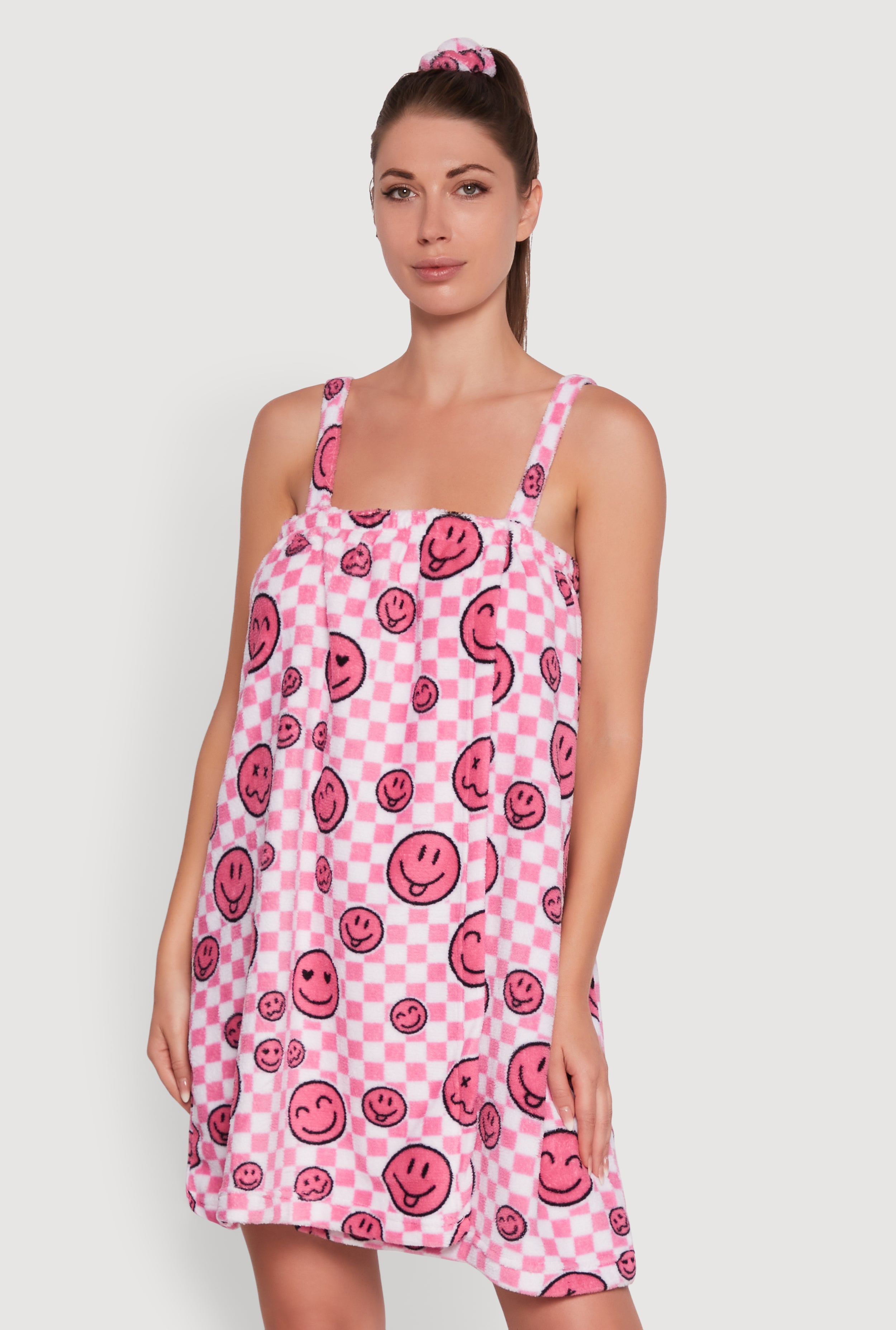 Patterned Plush Shower Wrap with Scrunchie
