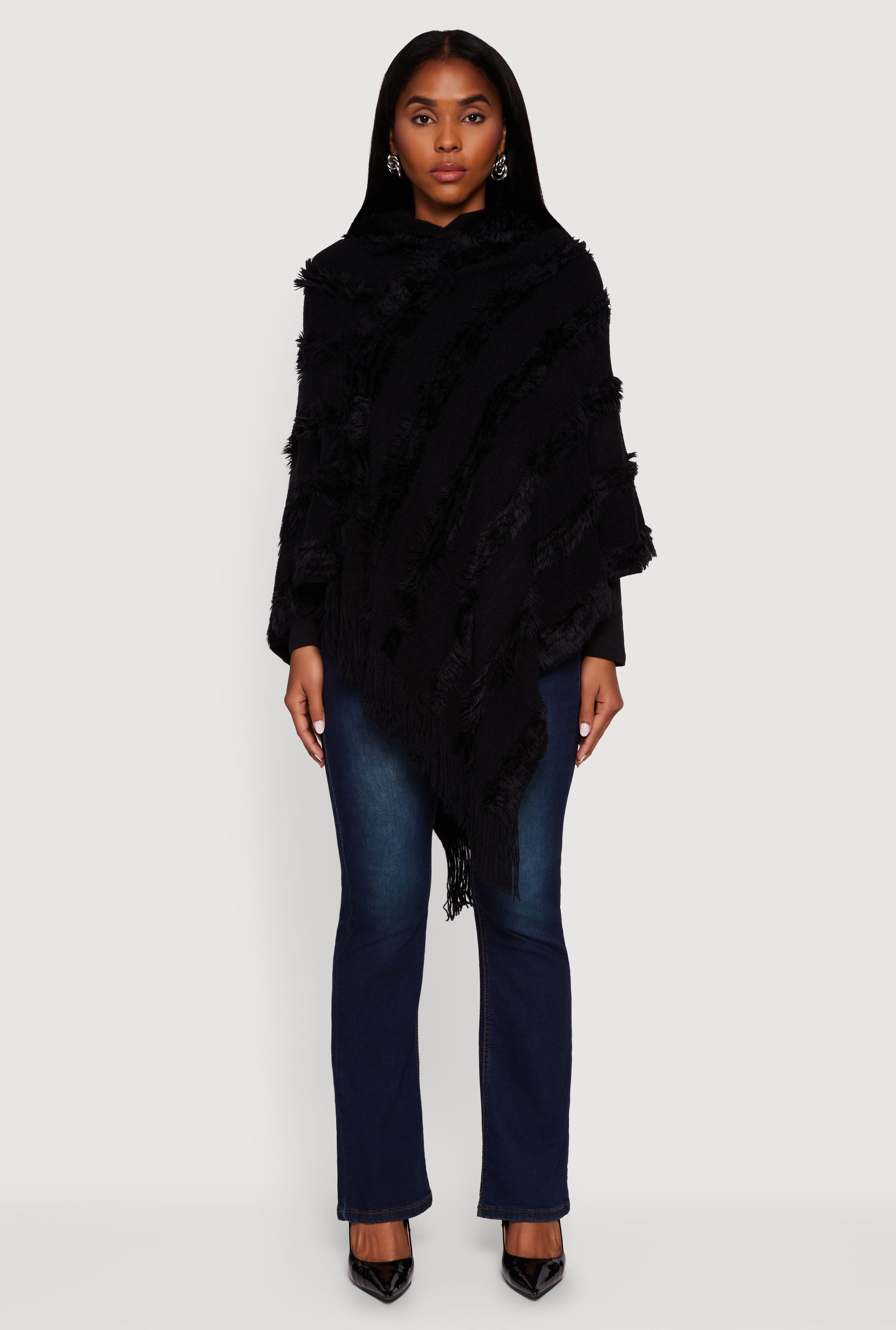 Fringe Striped Hooded Poncho