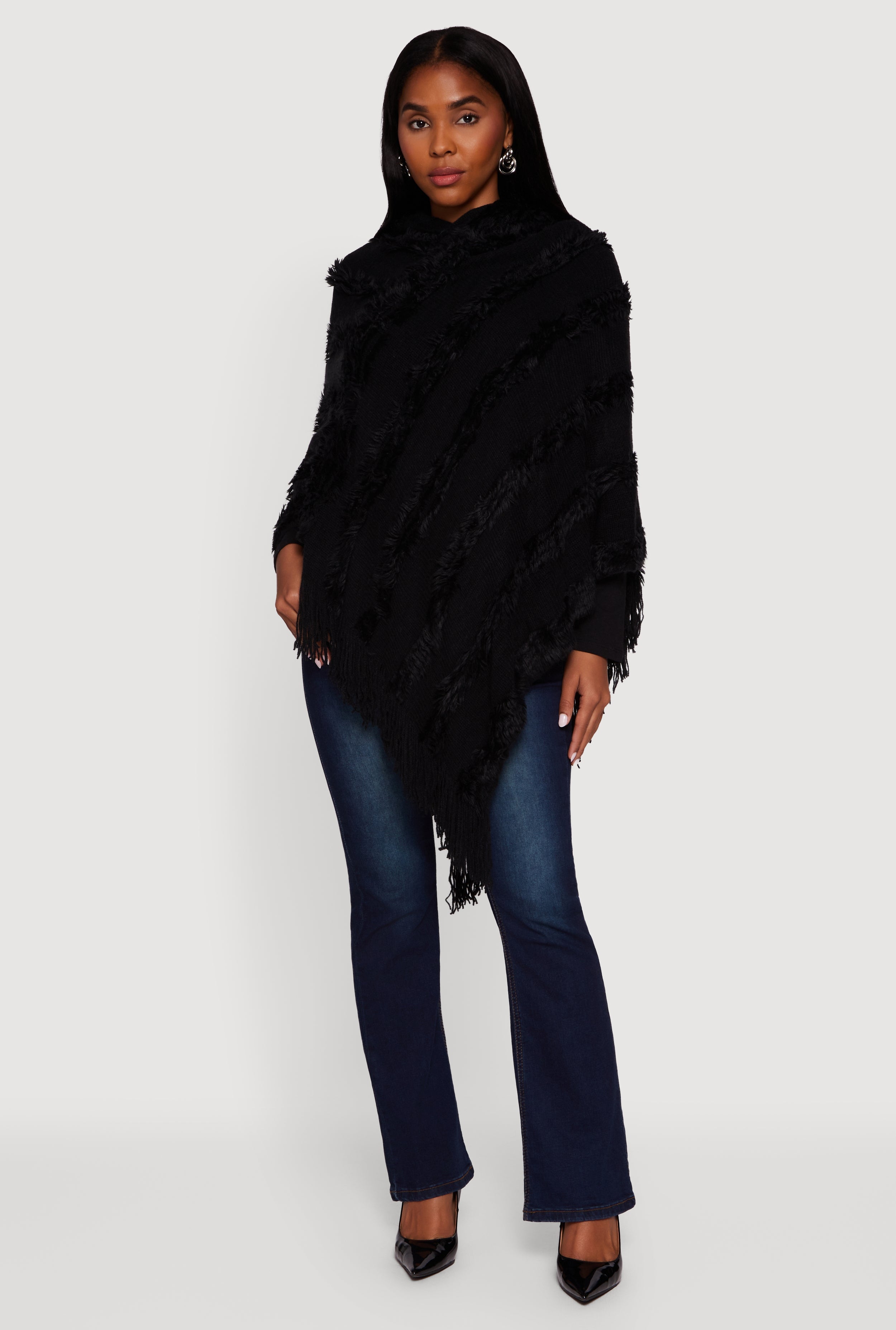 Fringe Striped Hooded Poncho