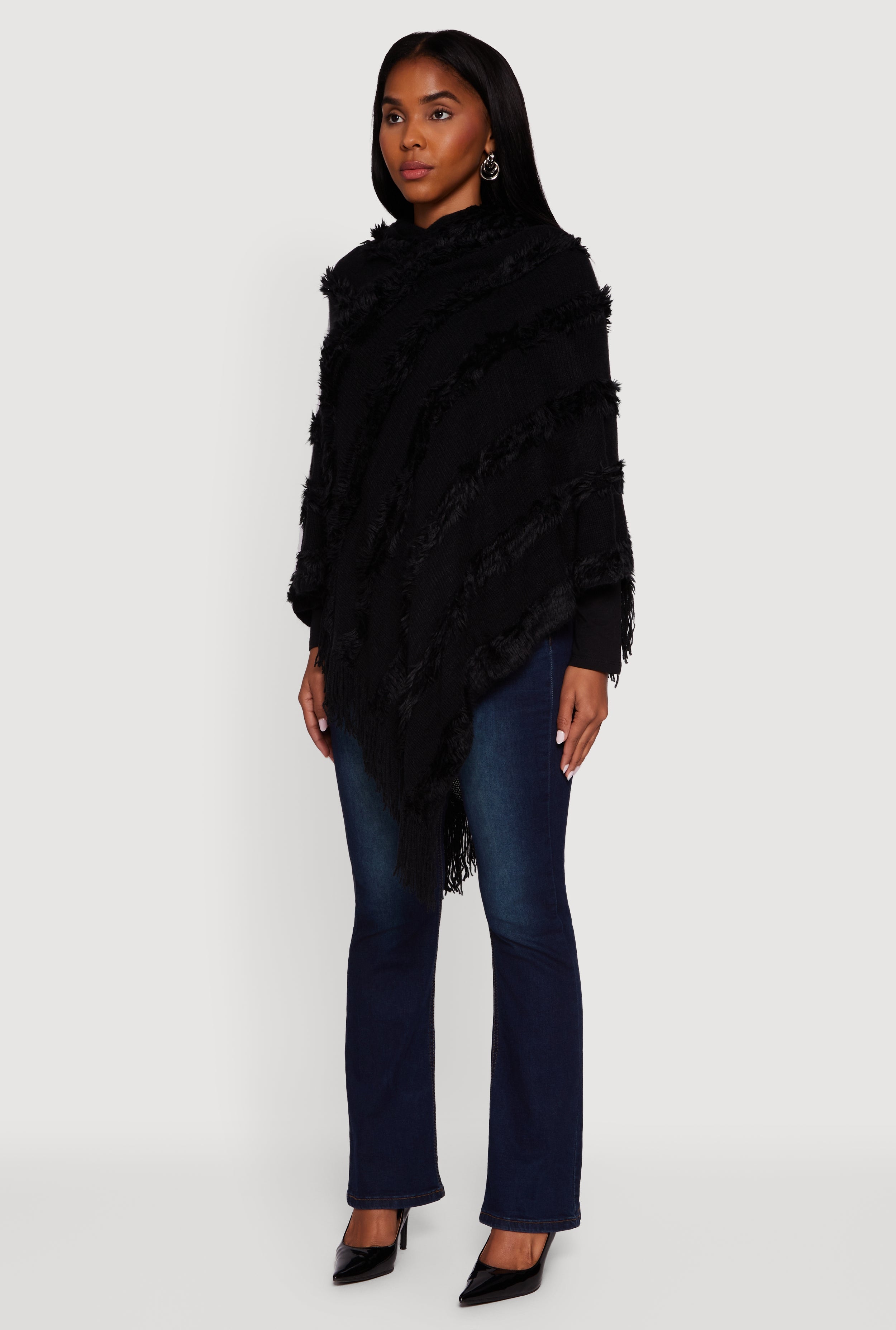 Fringe Striped Hooded Poncho