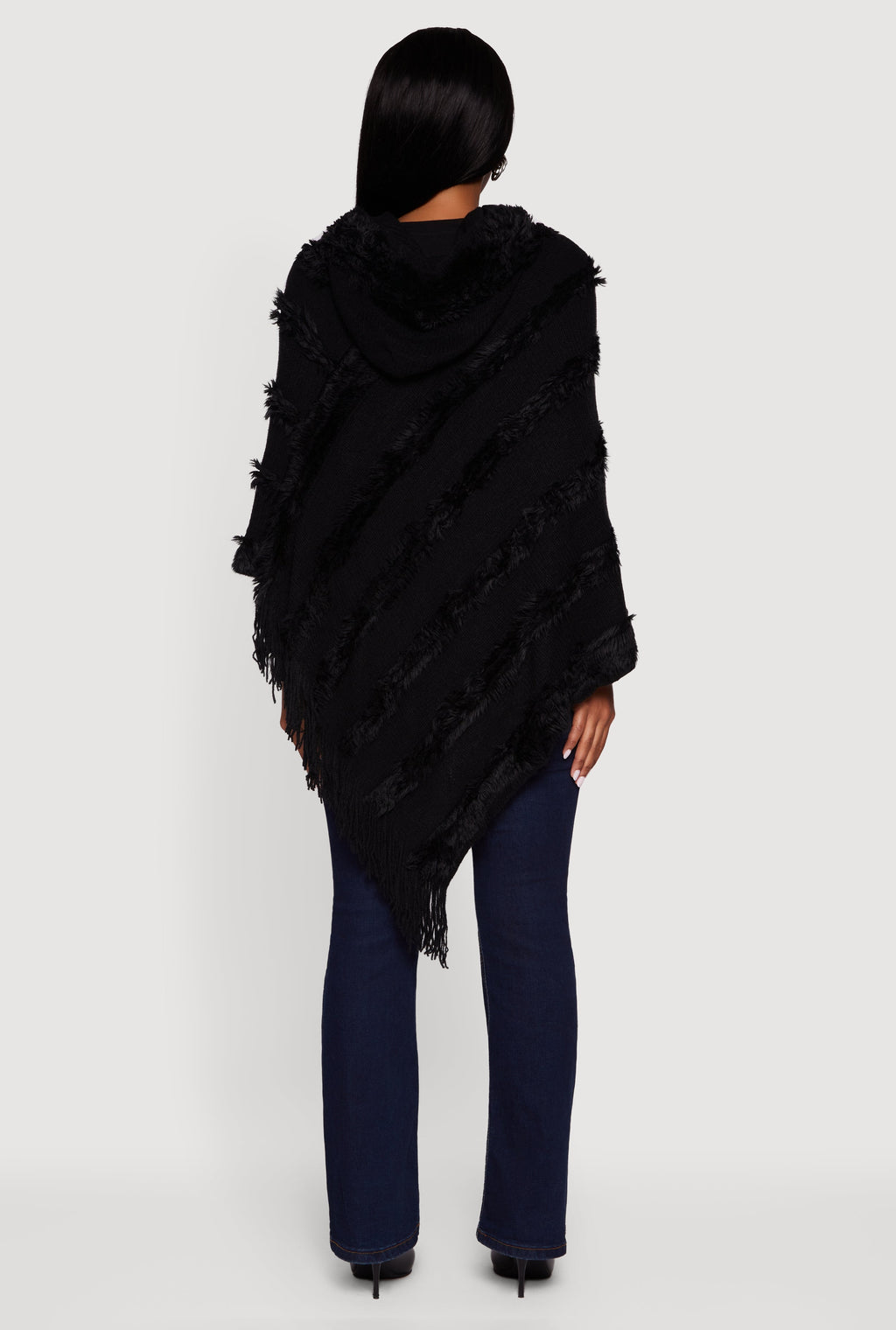 Fringe Striped Hooded Poncho