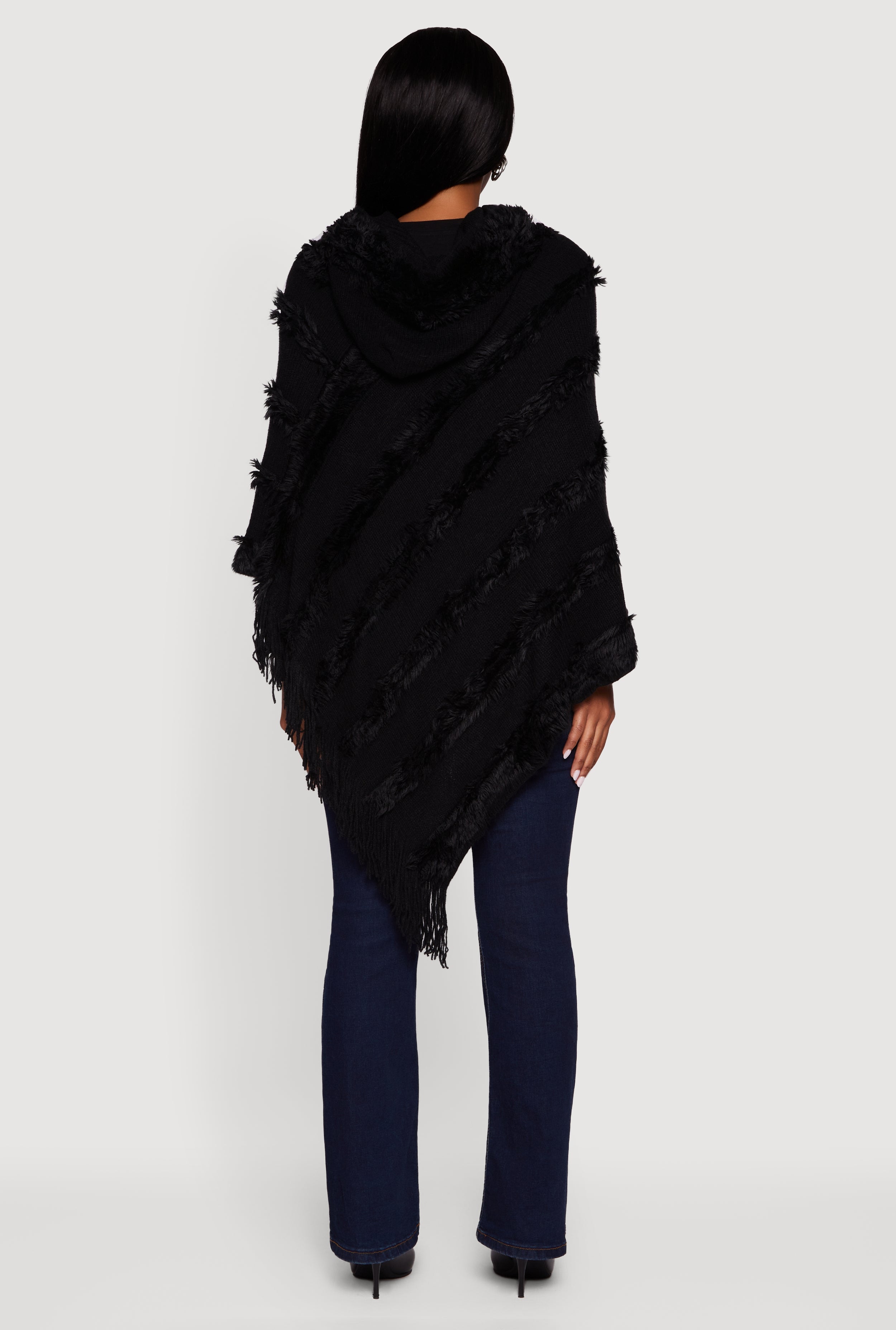 Fringe Striped Hooded Poncho