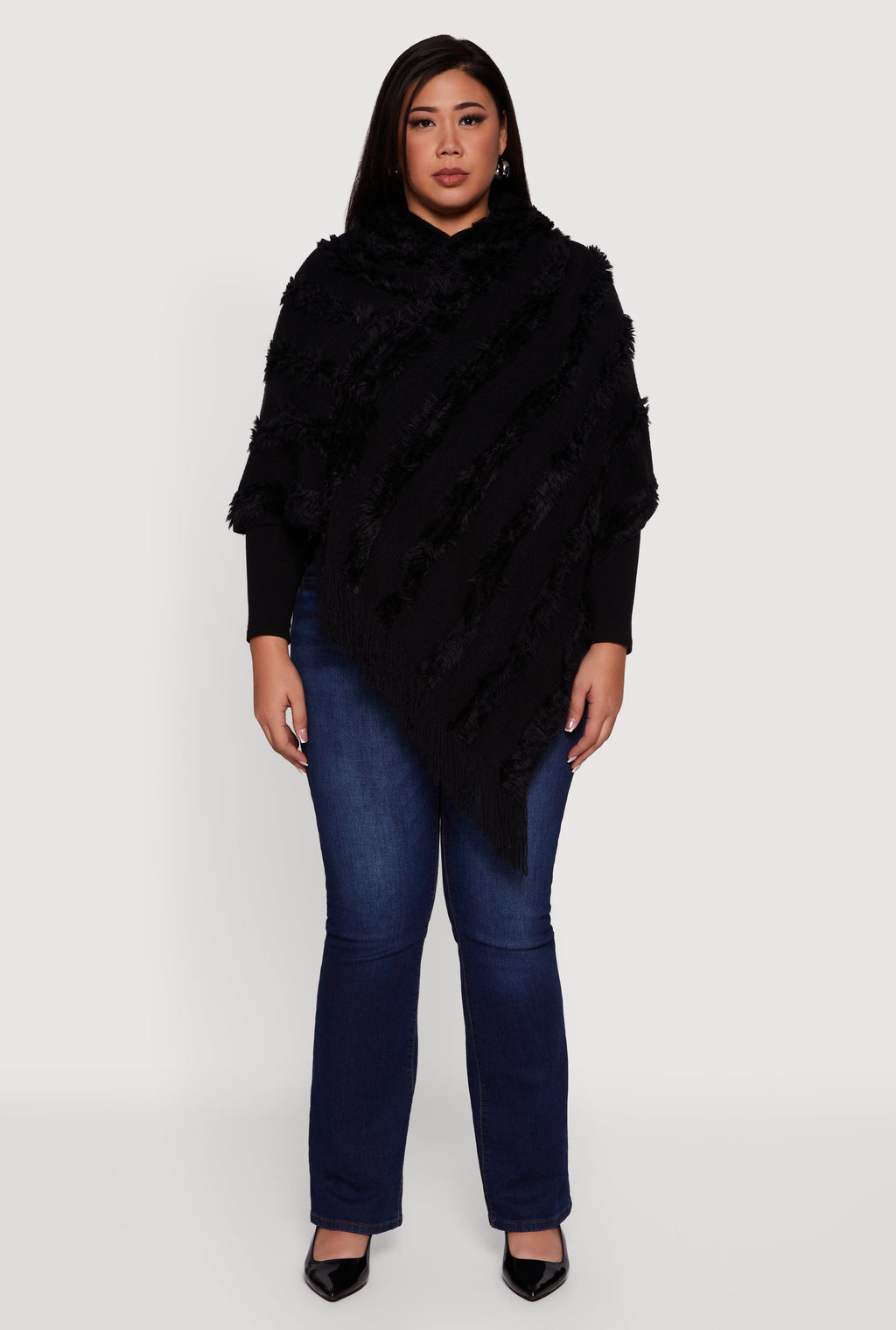 Fringe Striped Hooded Poncho