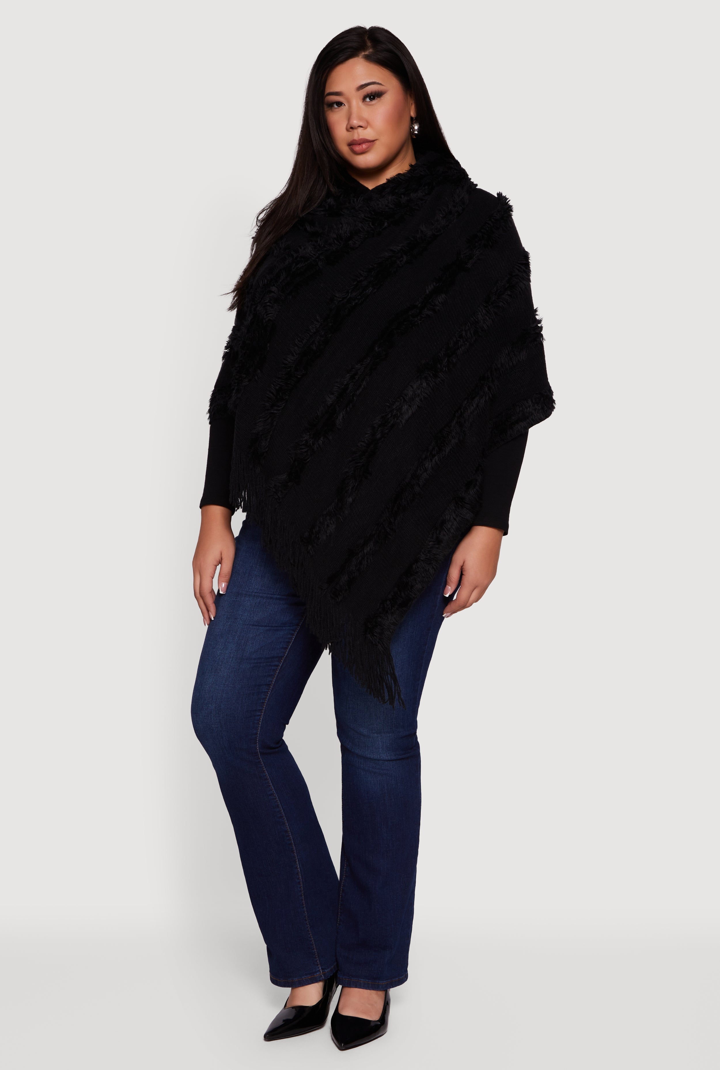 Fringe Striped Hooded Poncho