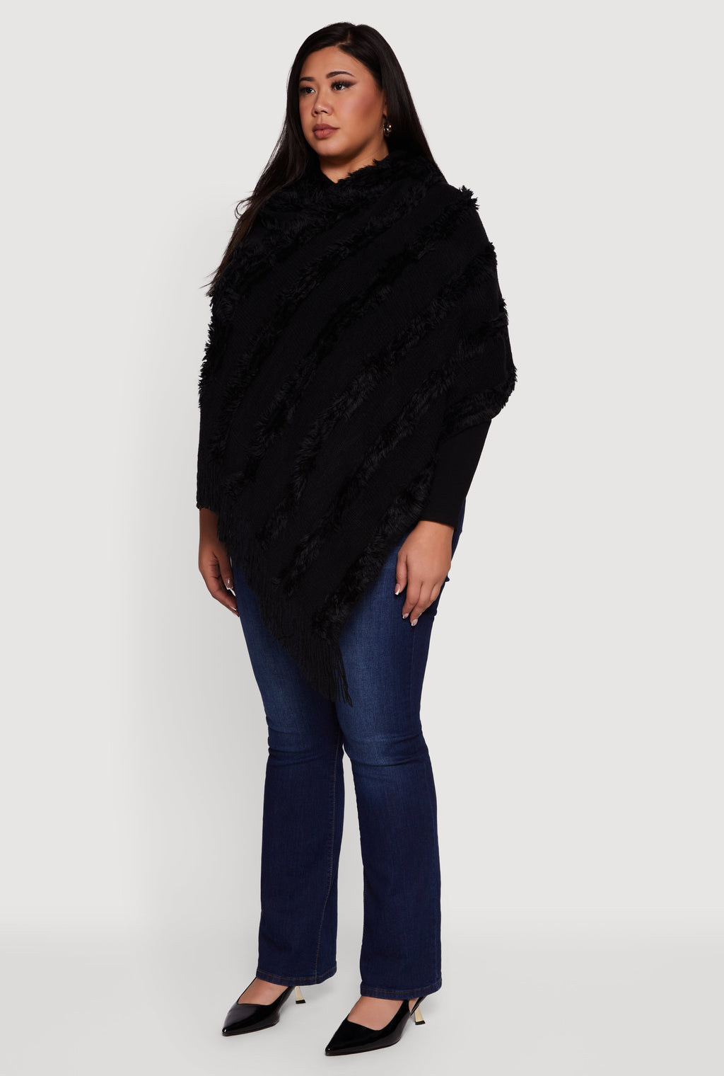 Fringe Striped Hooded Poncho