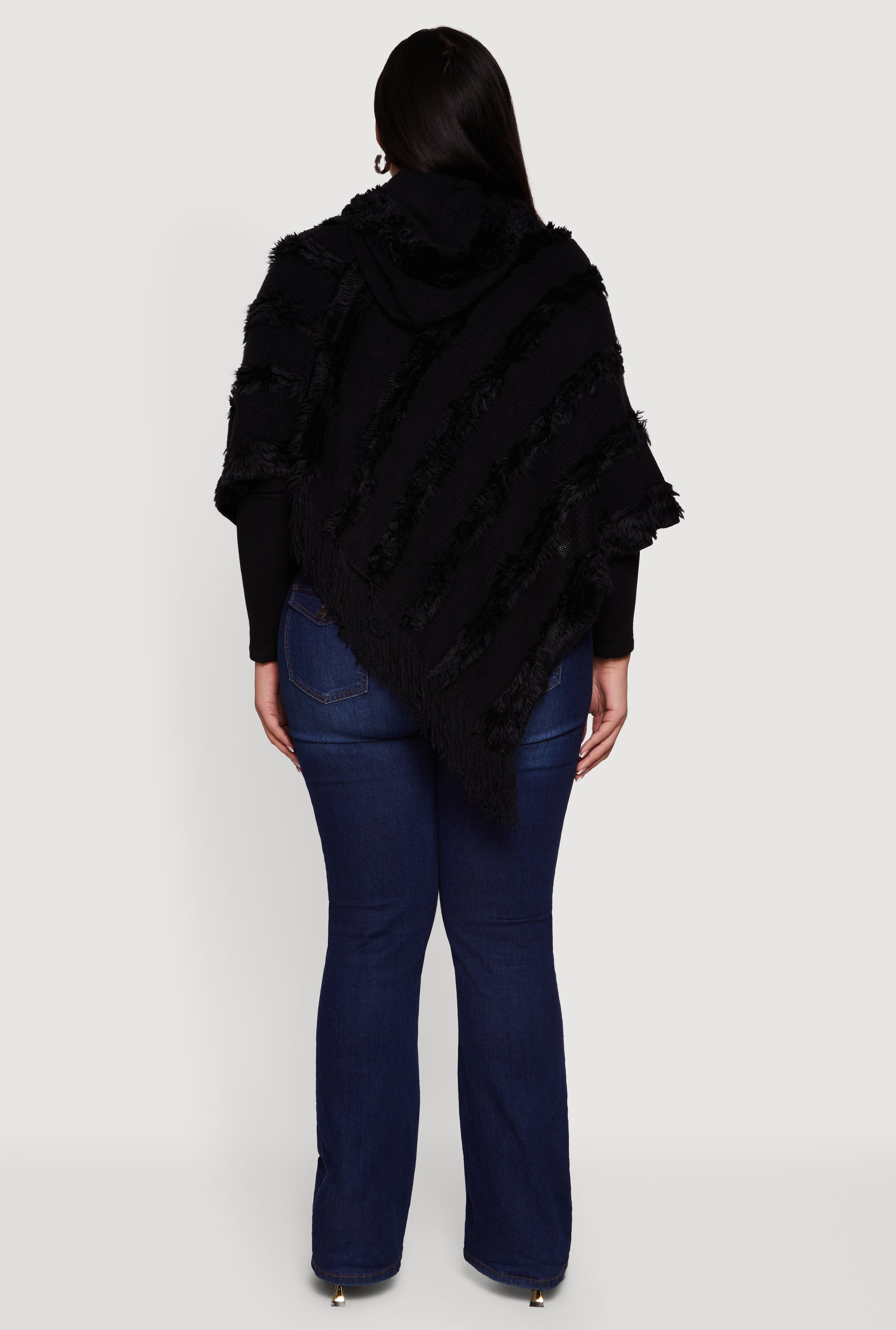Fringe Striped Hooded Poncho