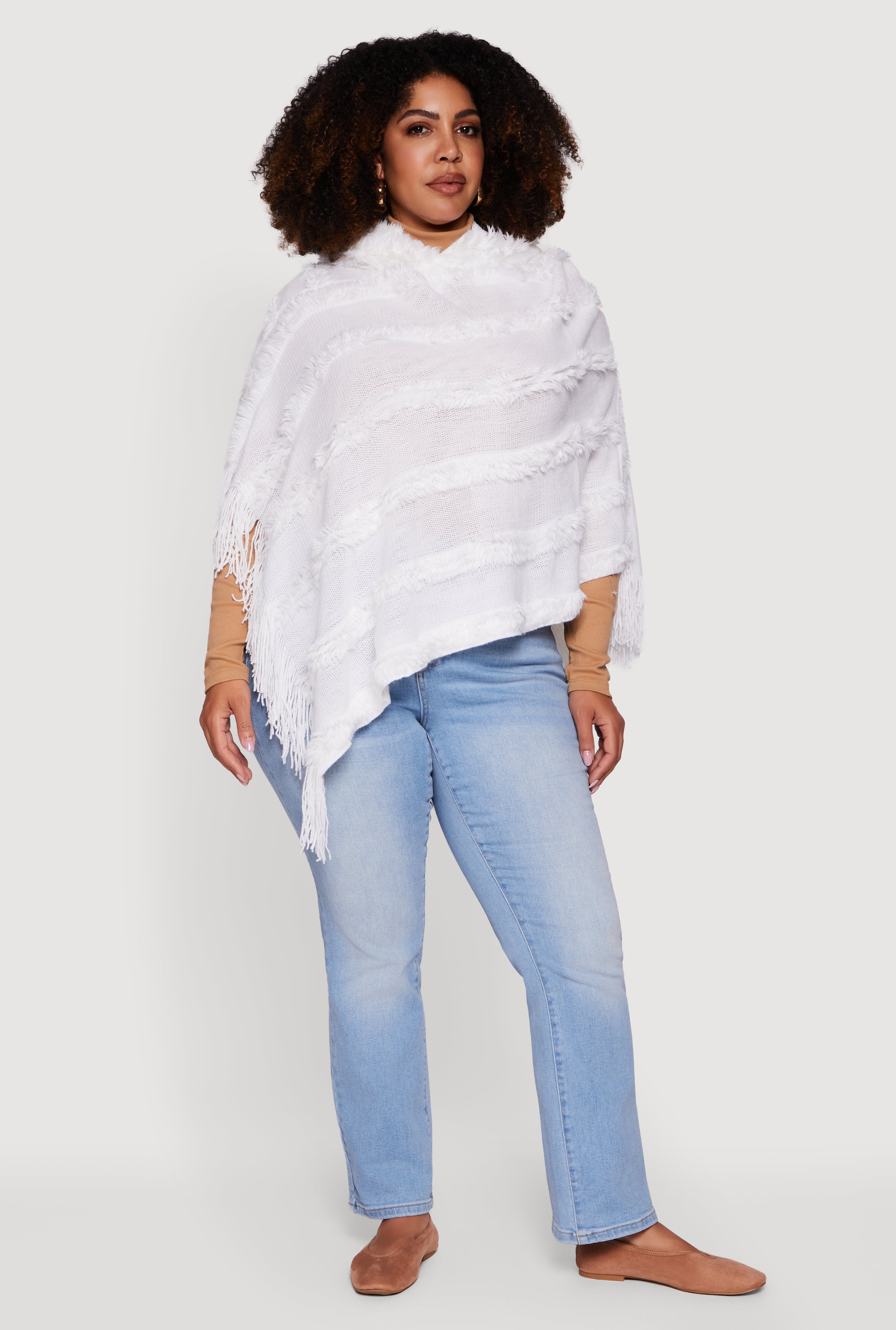Fringe Striped Hooded Poncho