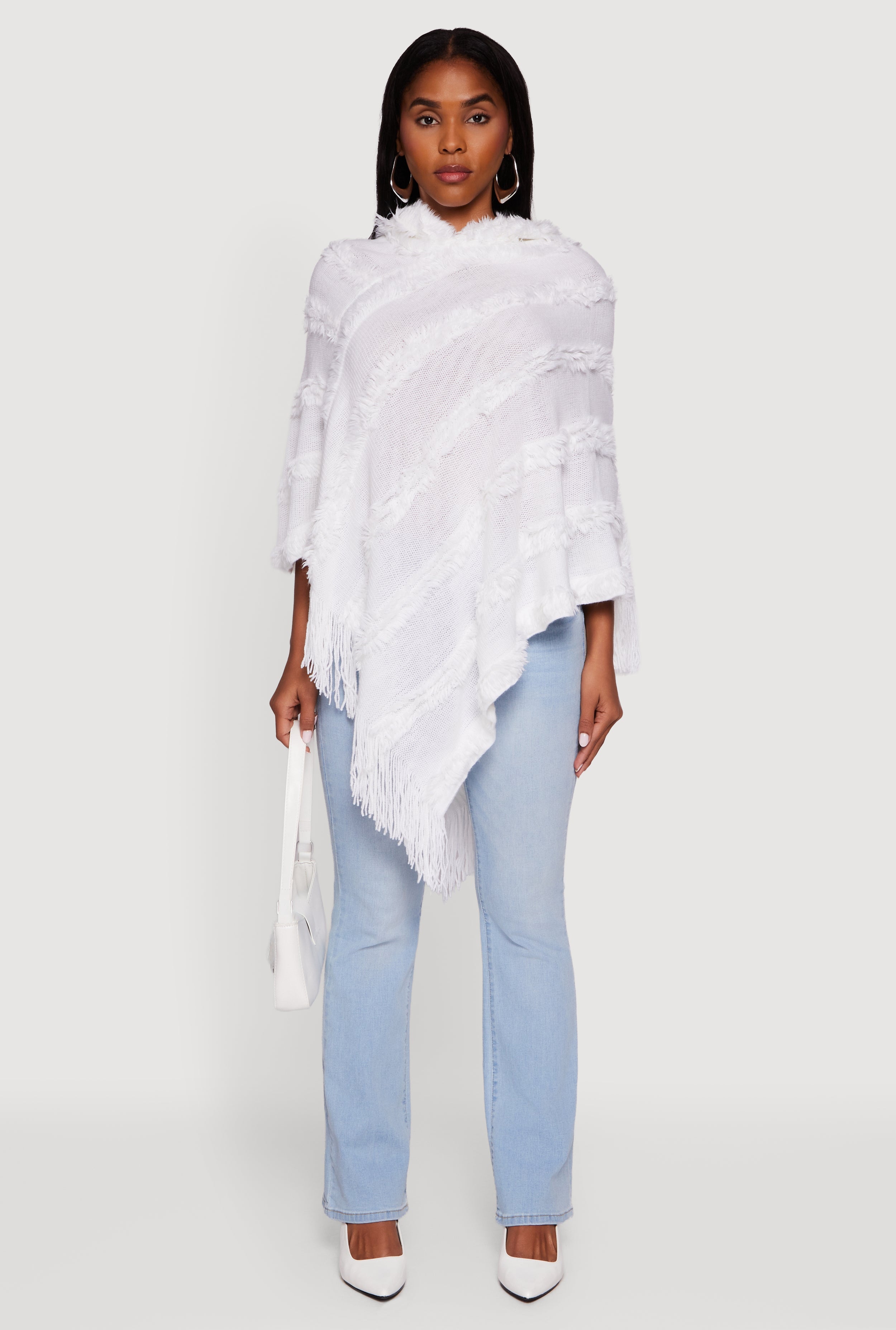 Fringe Striped Hooded Poncho