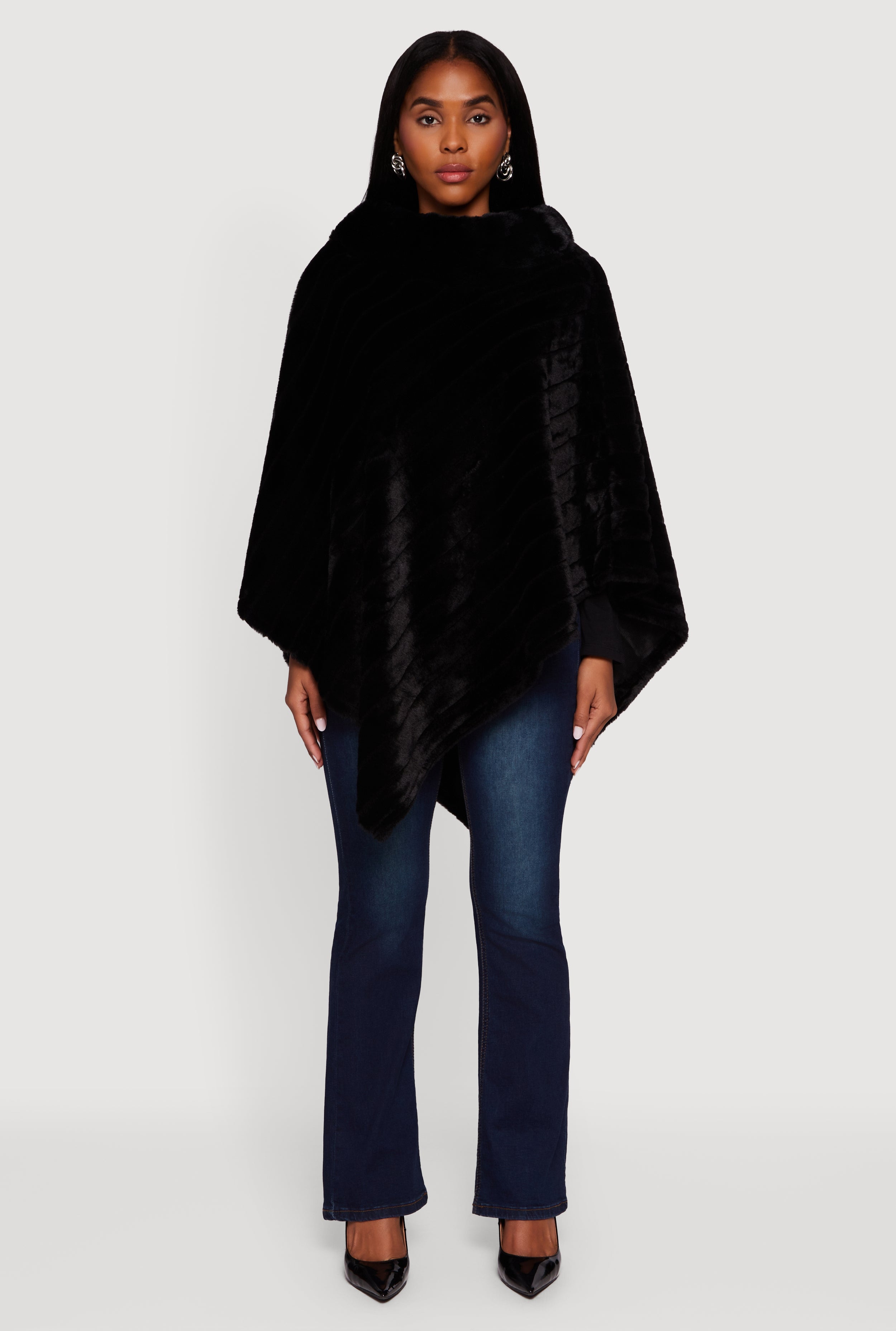 Plus Size Faux Fur Solid Funnel Neck Poncho