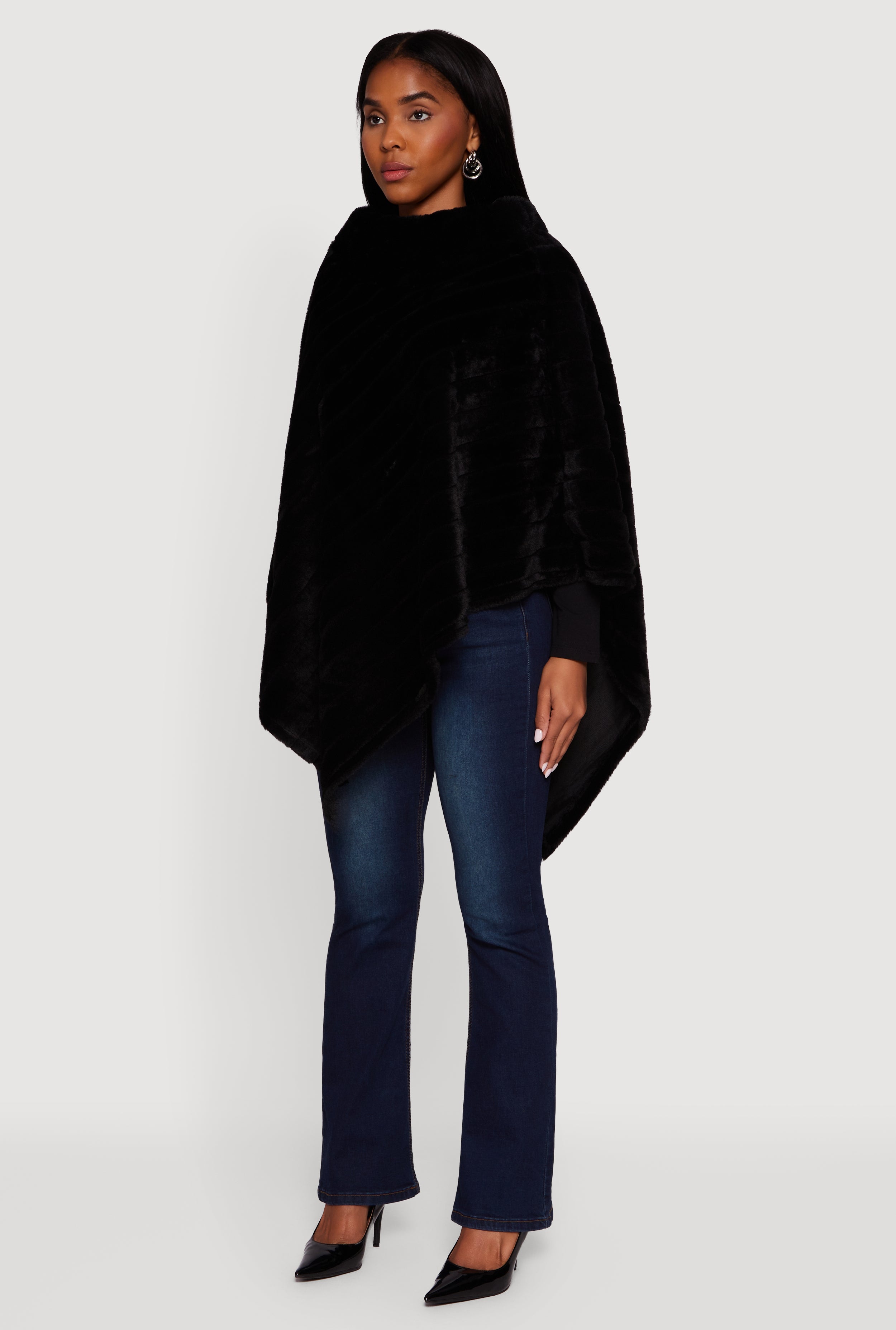 Plus Size Faux Fur Solid Funnel Neck Poncho