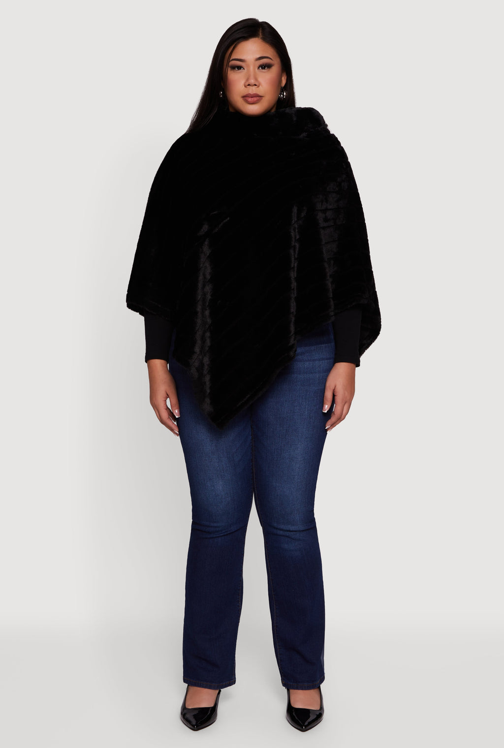 Plus Size Faux Fur Solid Funnel Neck Poncho