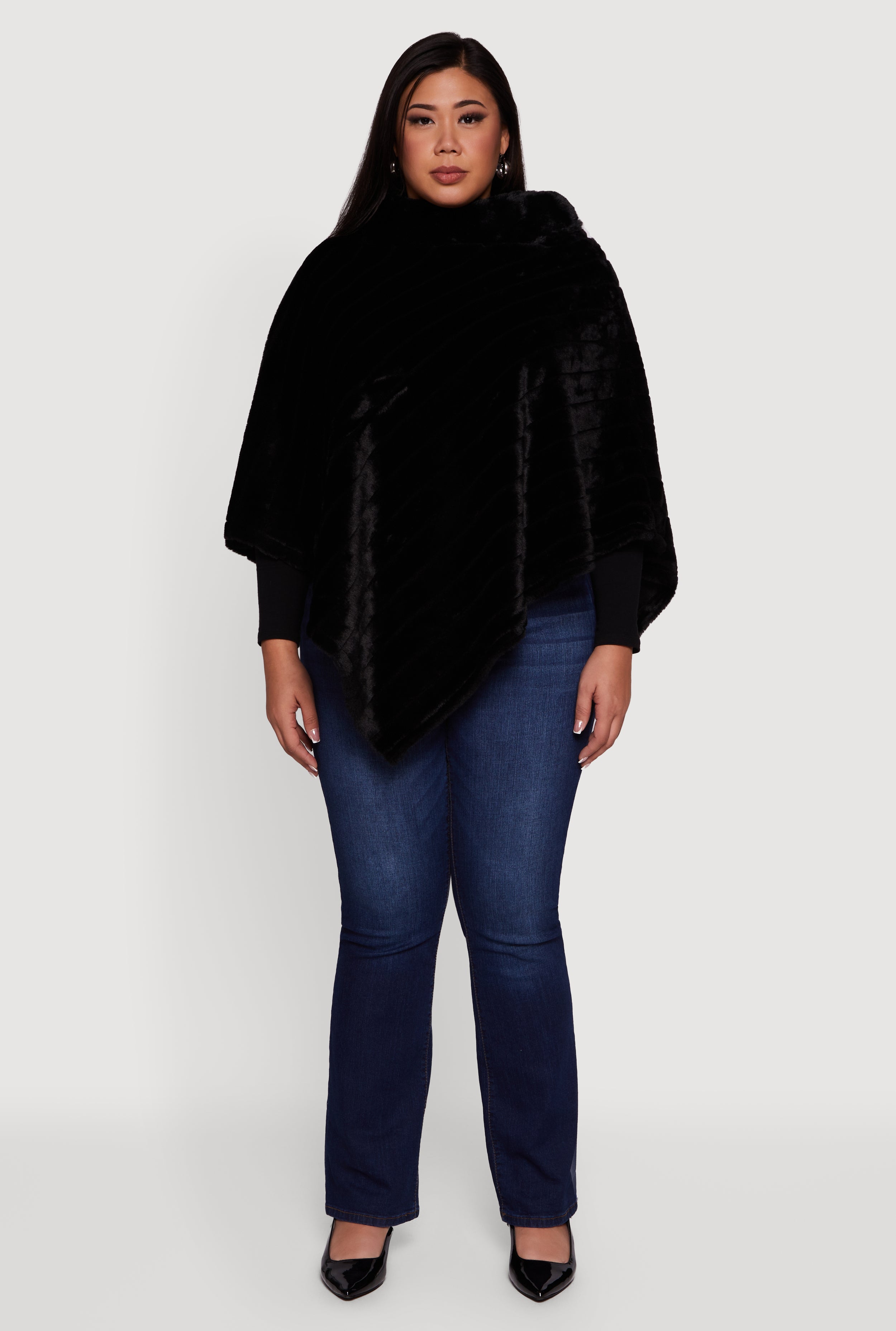 Plus Size Faux Fur Solid Funnel Neck Poncho