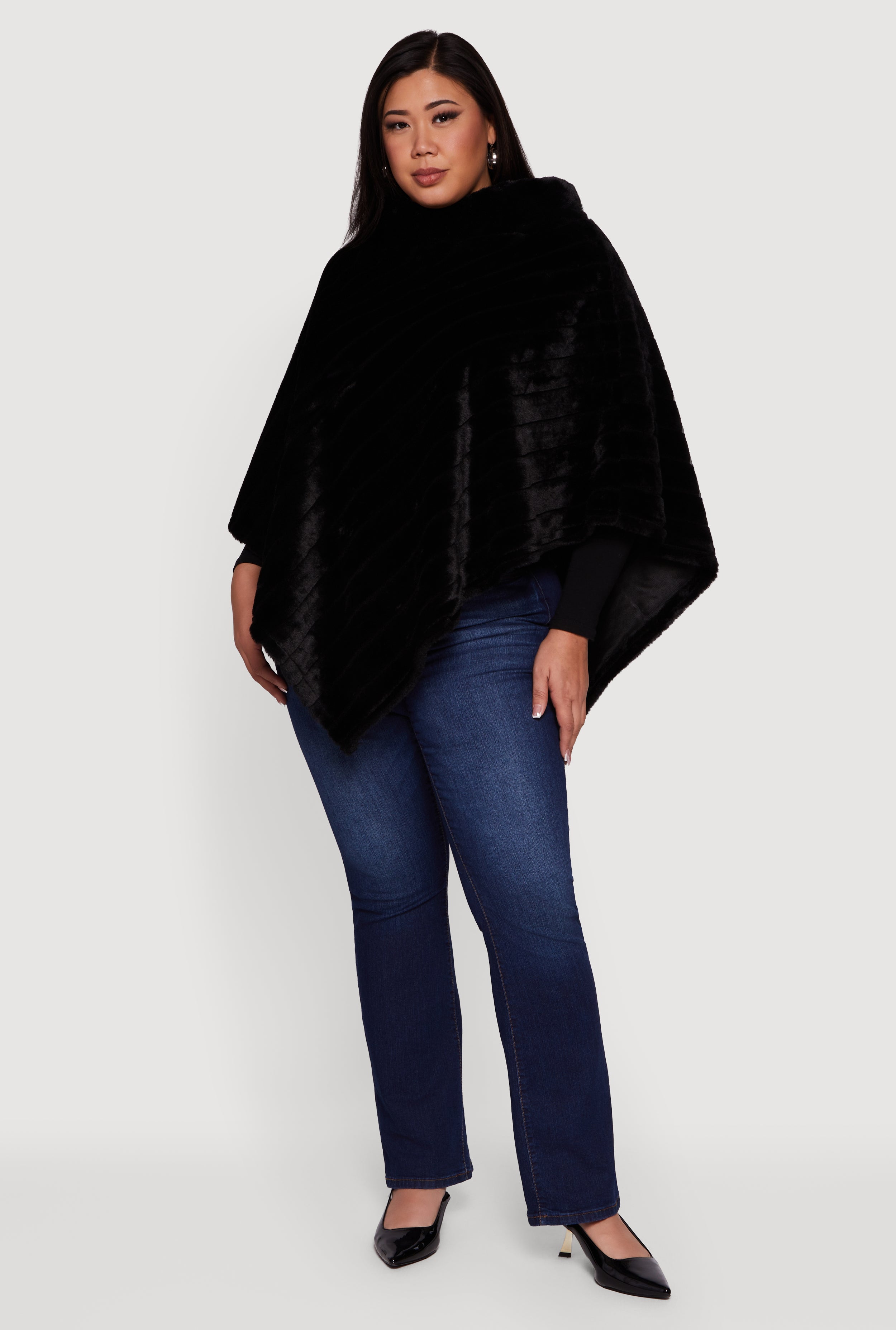 Plus Size Faux Fur Solid Funnel Neck Poncho