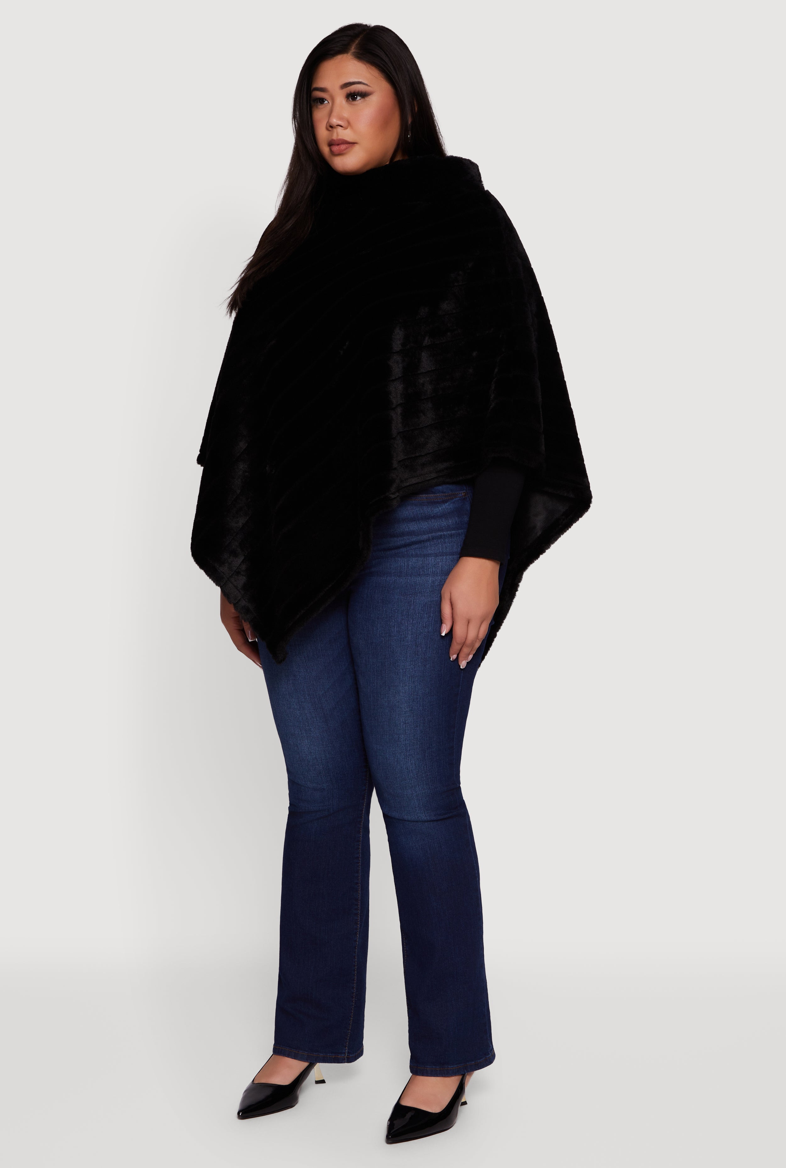 Plus Size Faux Fur Solid Funnel Neck Poncho