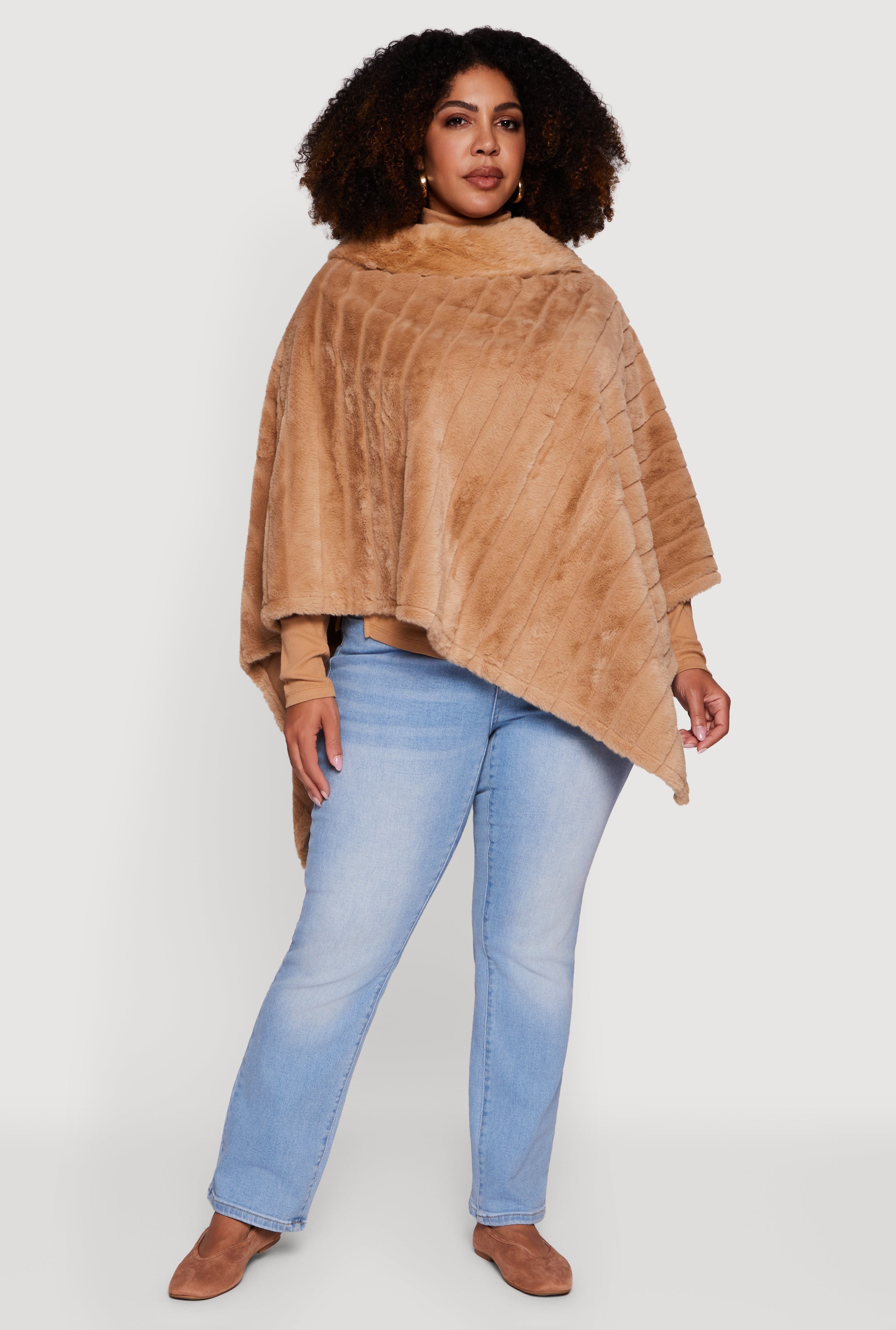 Plus Size Faux Fur Solid Funnel Neck Poncho