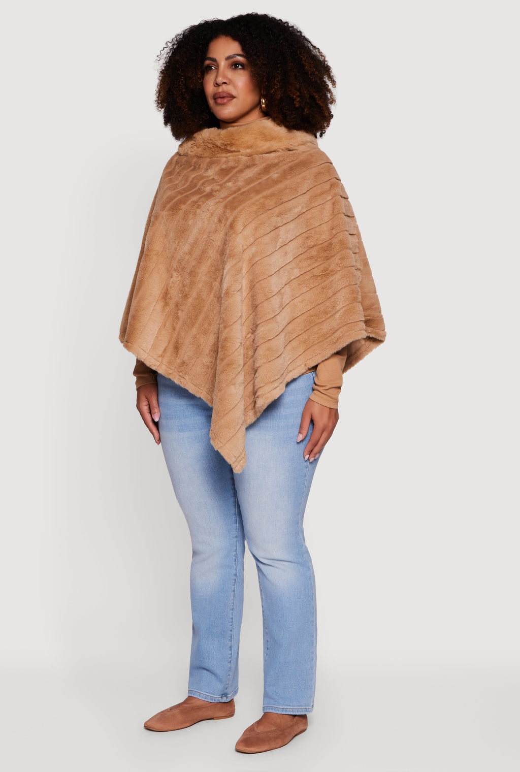 Plus Size Faux Fur Solid Funnel Neck Poncho