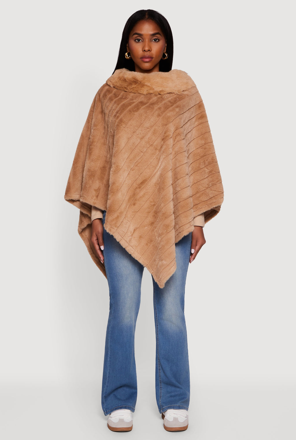 Plus Size Faux Fur Solid Funnel Neck Poncho