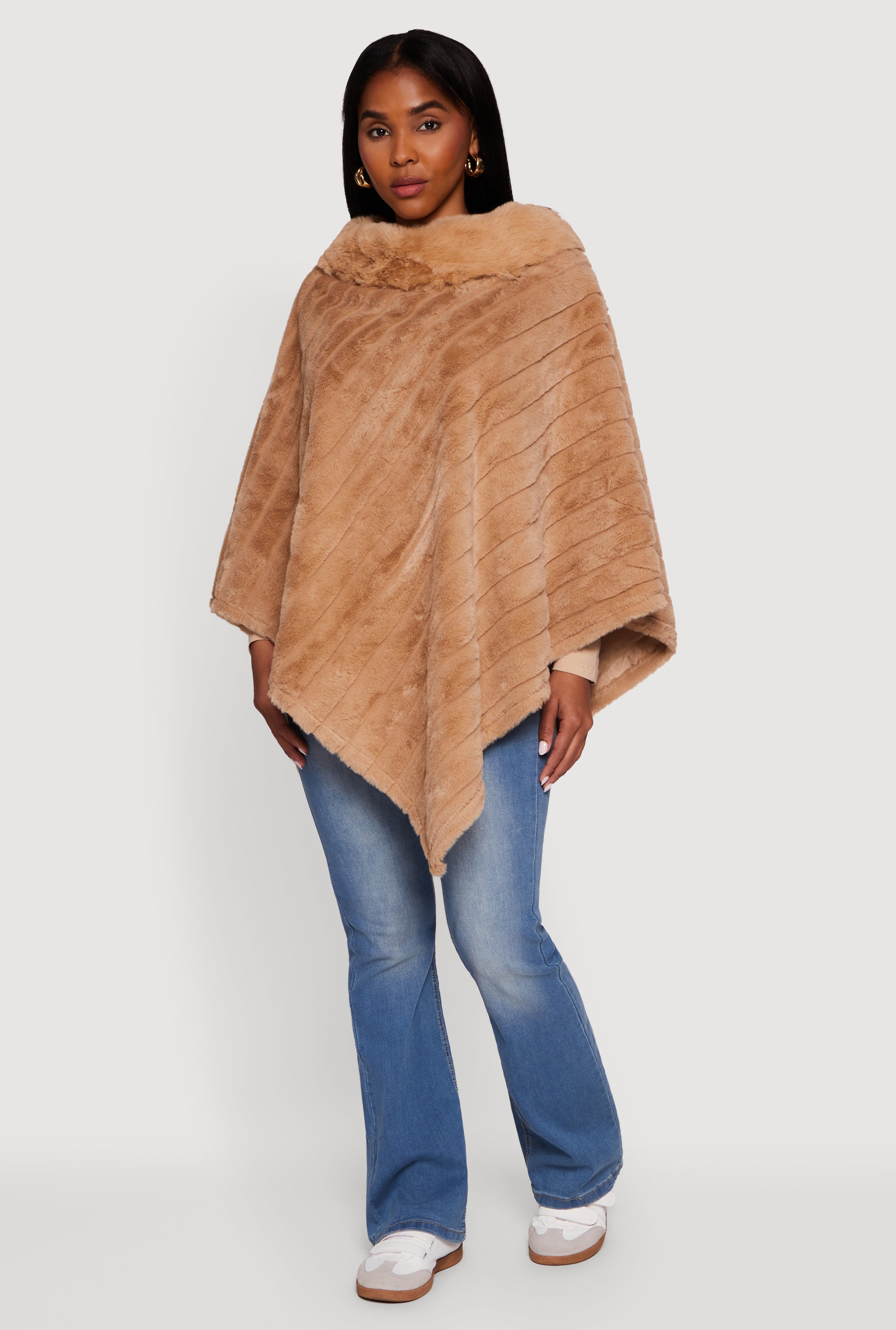 Plus Size Faux Fur Solid Funnel Neck Poncho