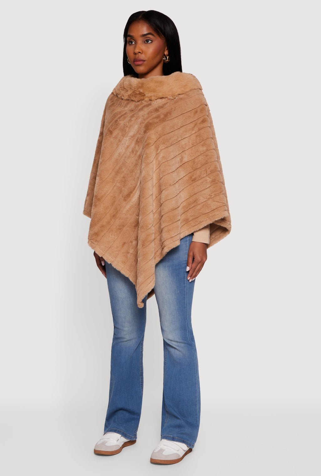 Plus Size Faux Fur Solid Funnel Neck Poncho