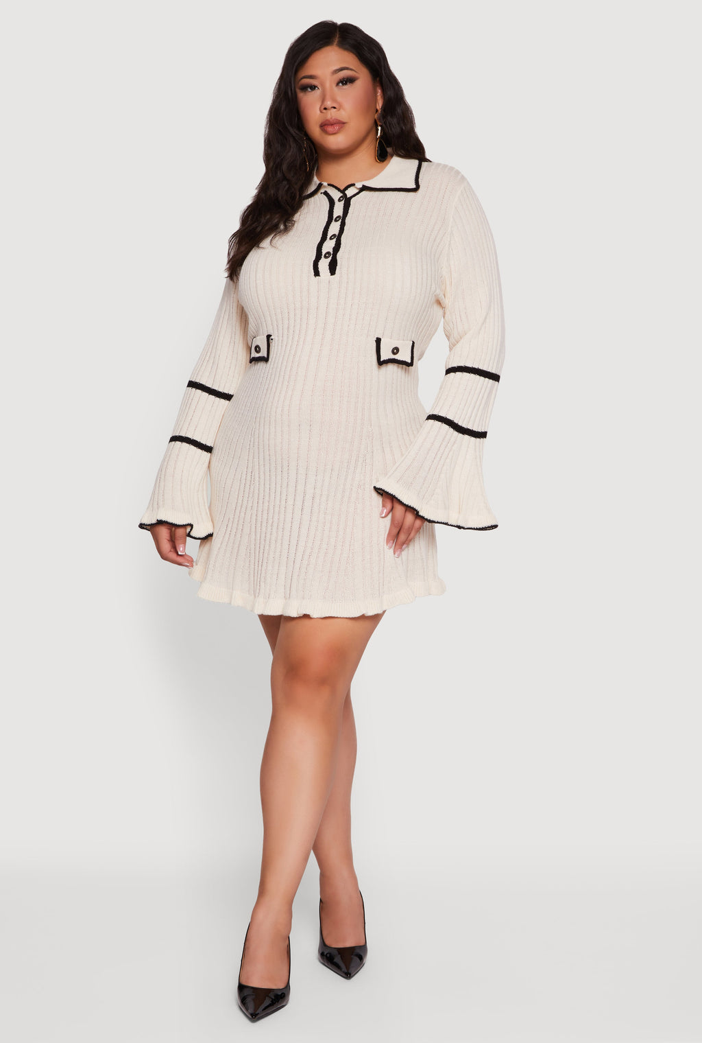 Plus Size Rib Knit Contrast Trim Polo Sweater Dress