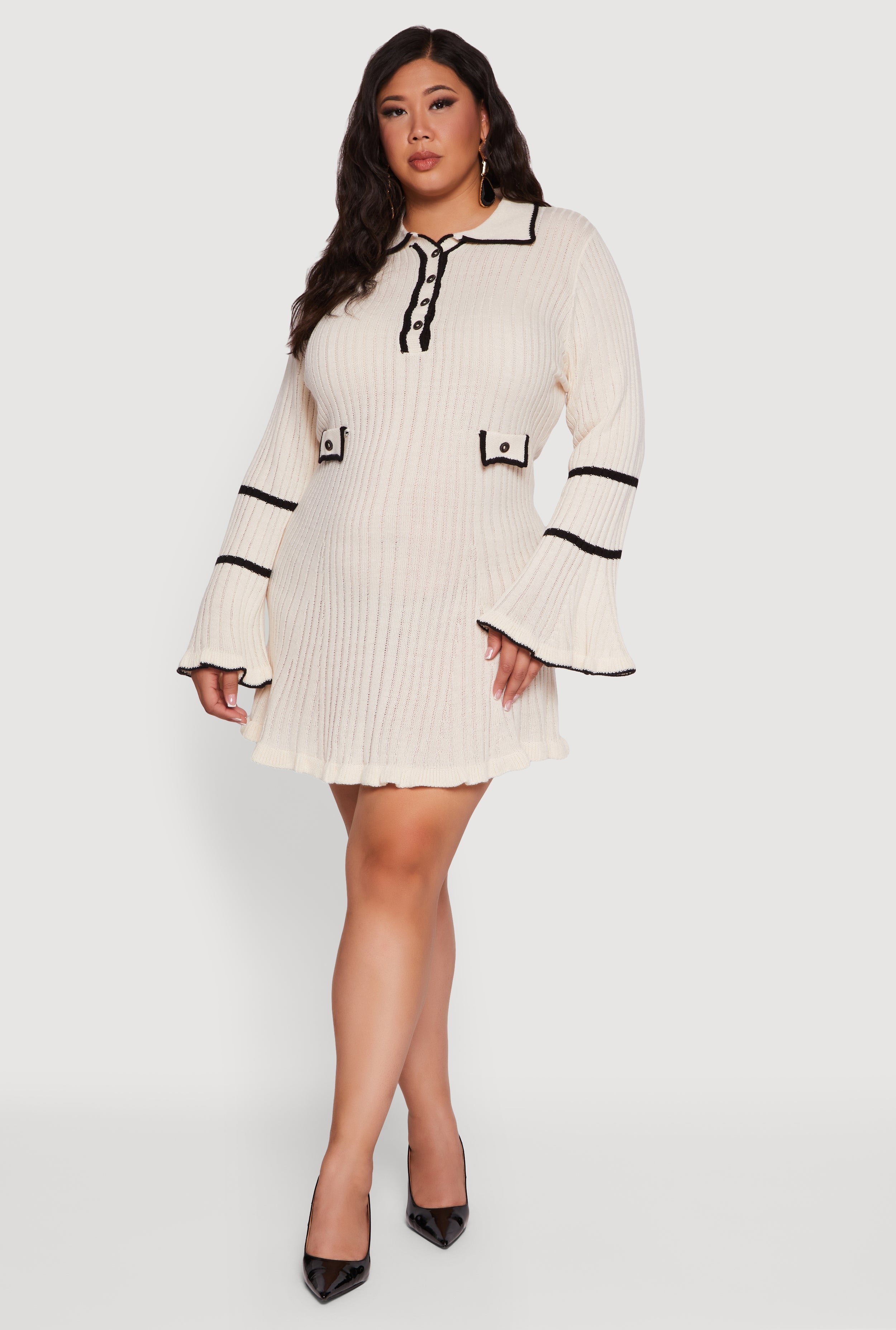Plus Size Rib Knit Contrast Trim Polo Sweater Dress