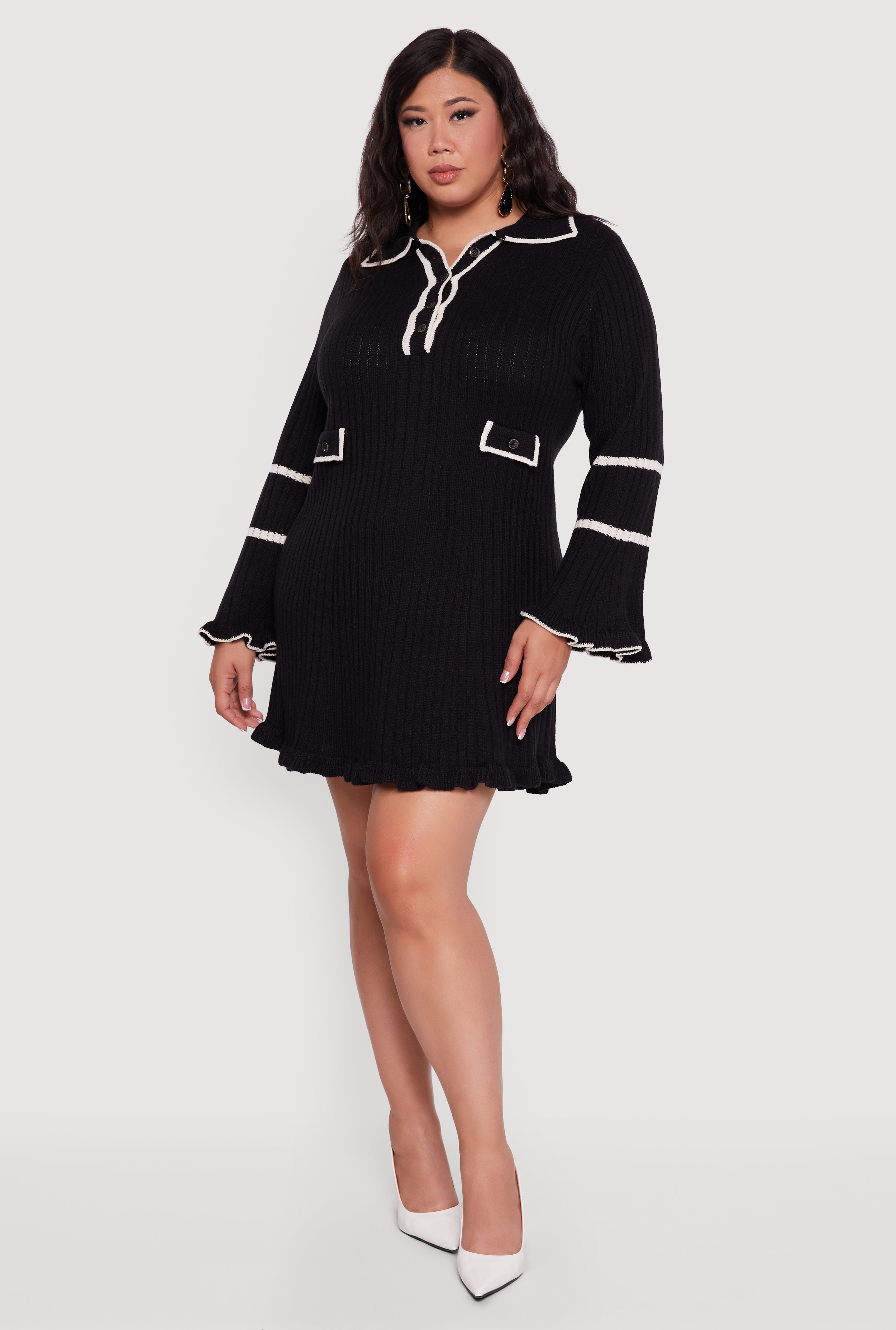 Plus Size Rib Knit Contrast Trim Polo Sweater Dress