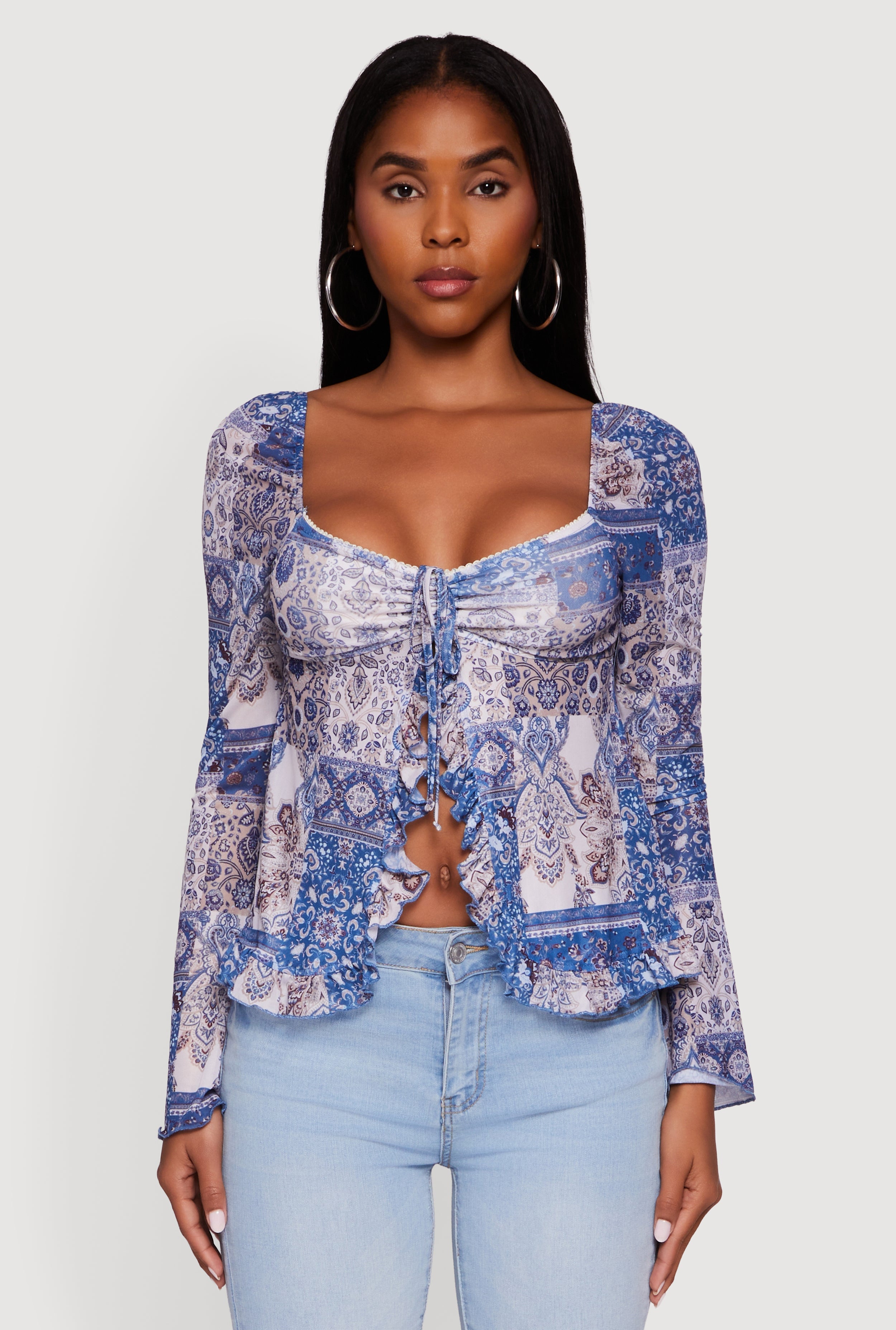 Paisley Mesh Bell Sleeve Blouse