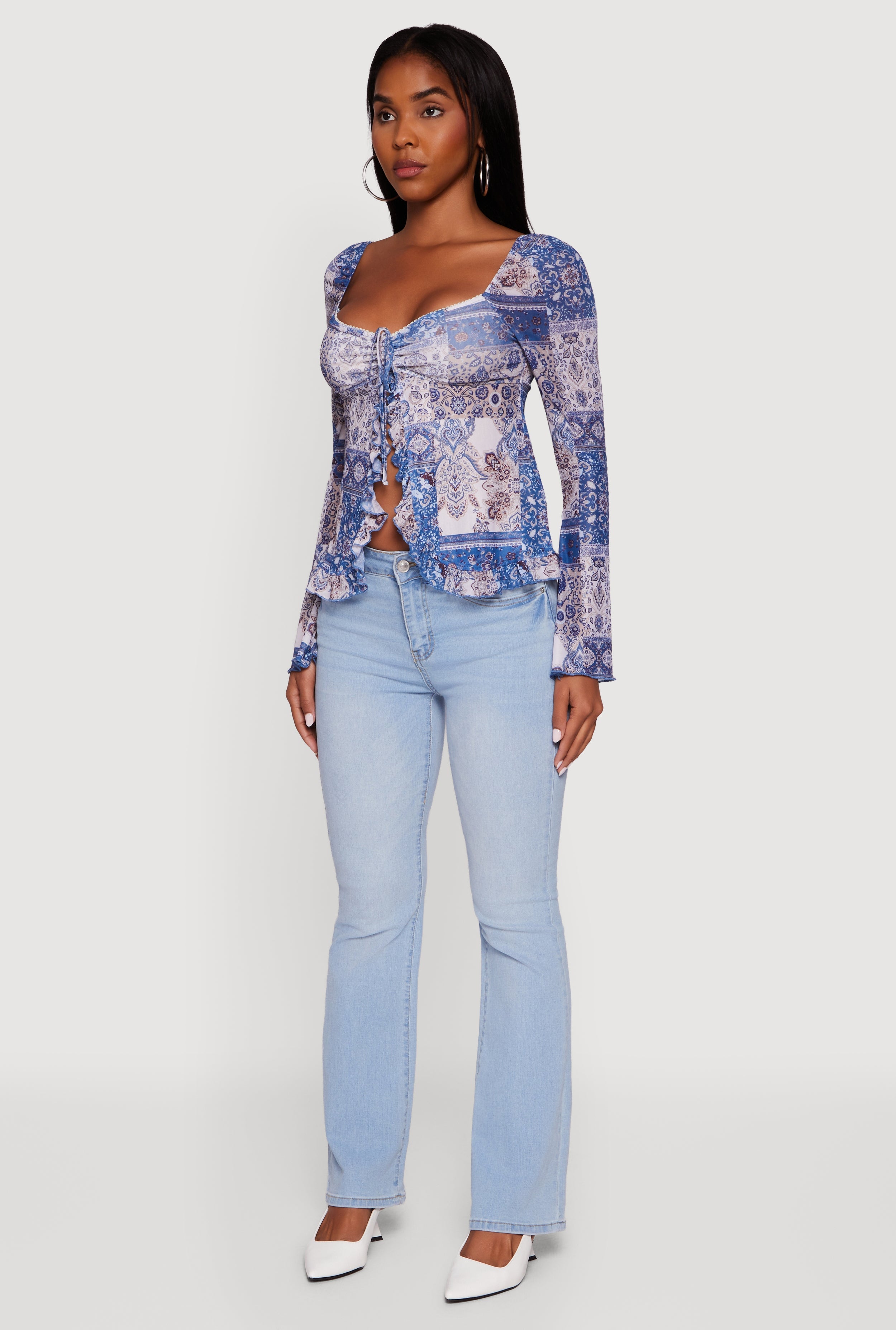 Paisley Mesh Bell Sleeve Blouse