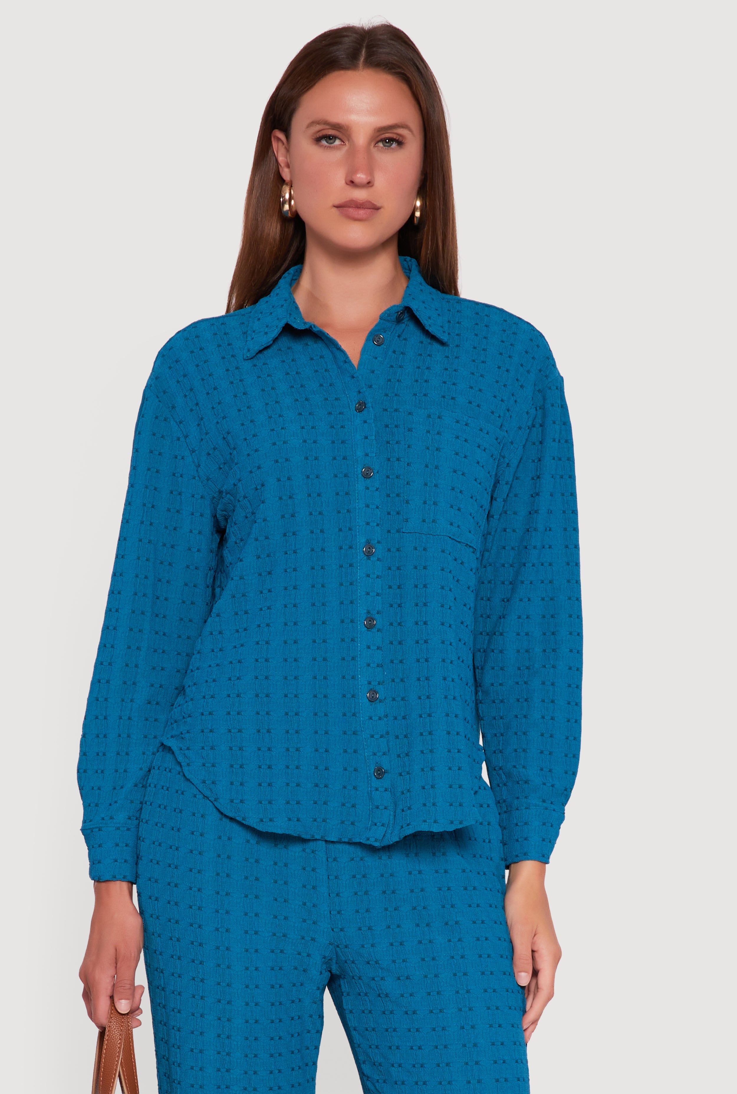 Textured Knit Decorative Stitch Button Front Shirt