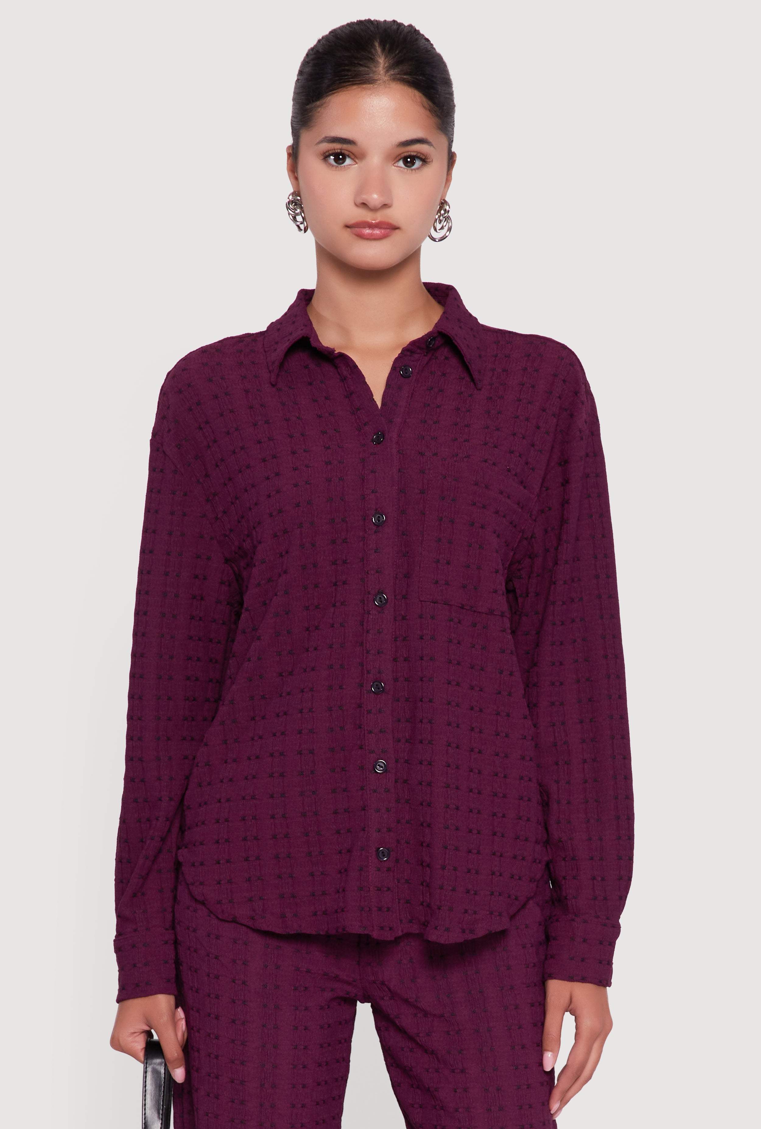 Textured Knit Decorative Stitch Button Front Shirt