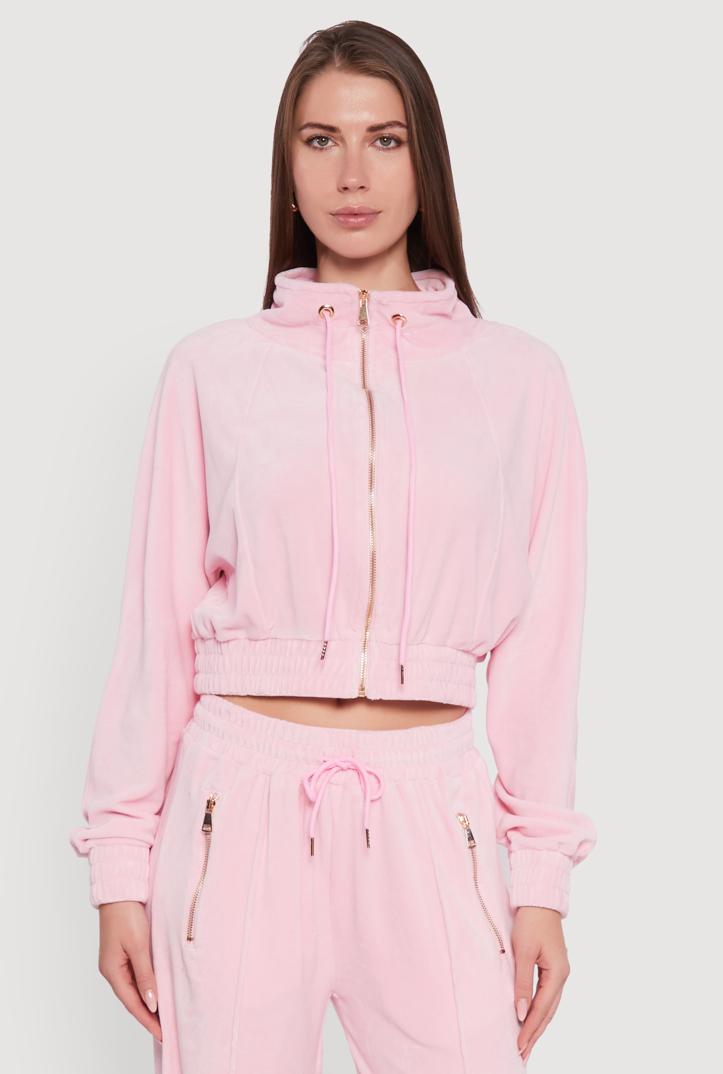 Velour Drawstring Mock Neck Cropped Zip Front Sweatshirt