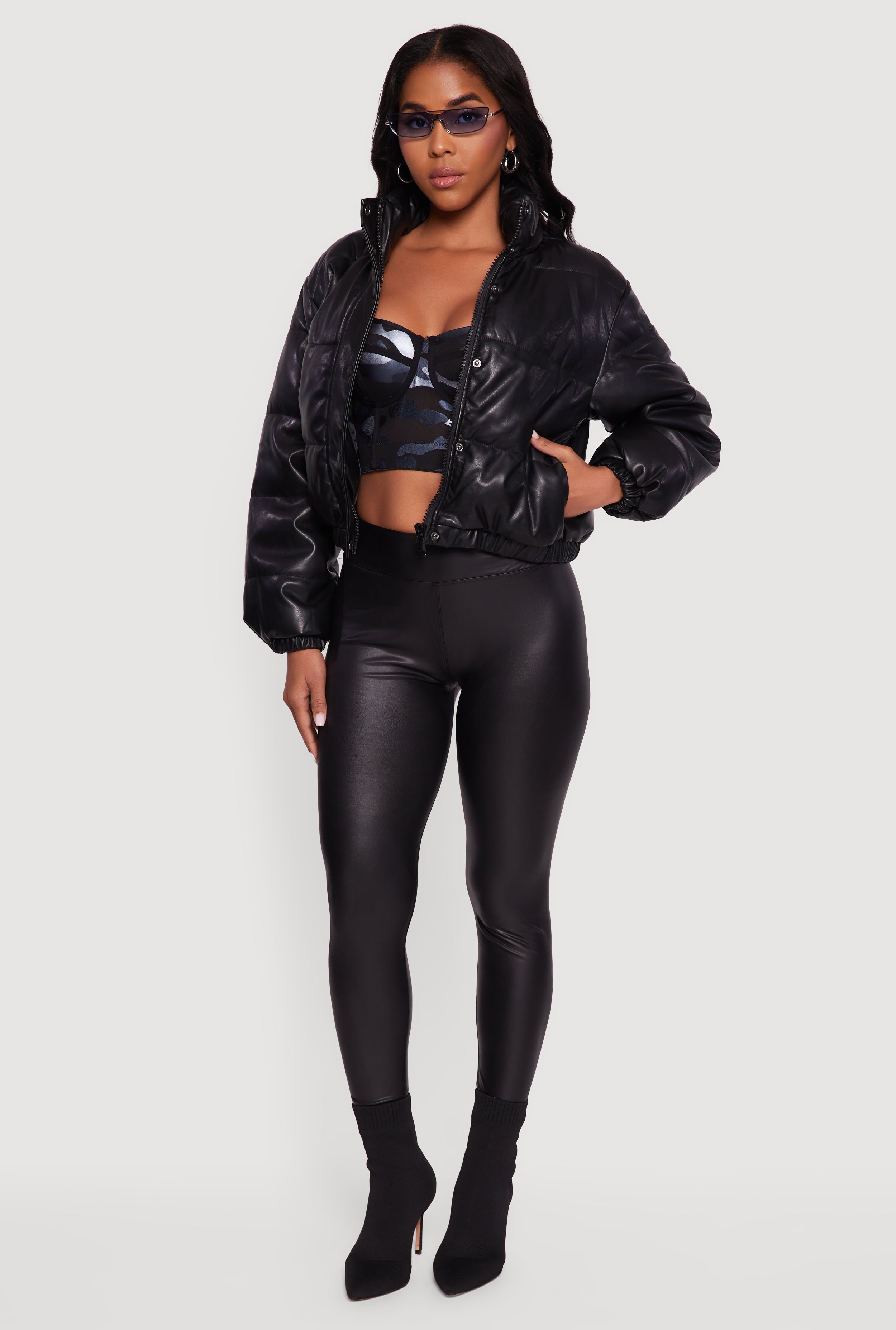 Faux Leather Snap Button Detail Zip Front Puffer Jacket