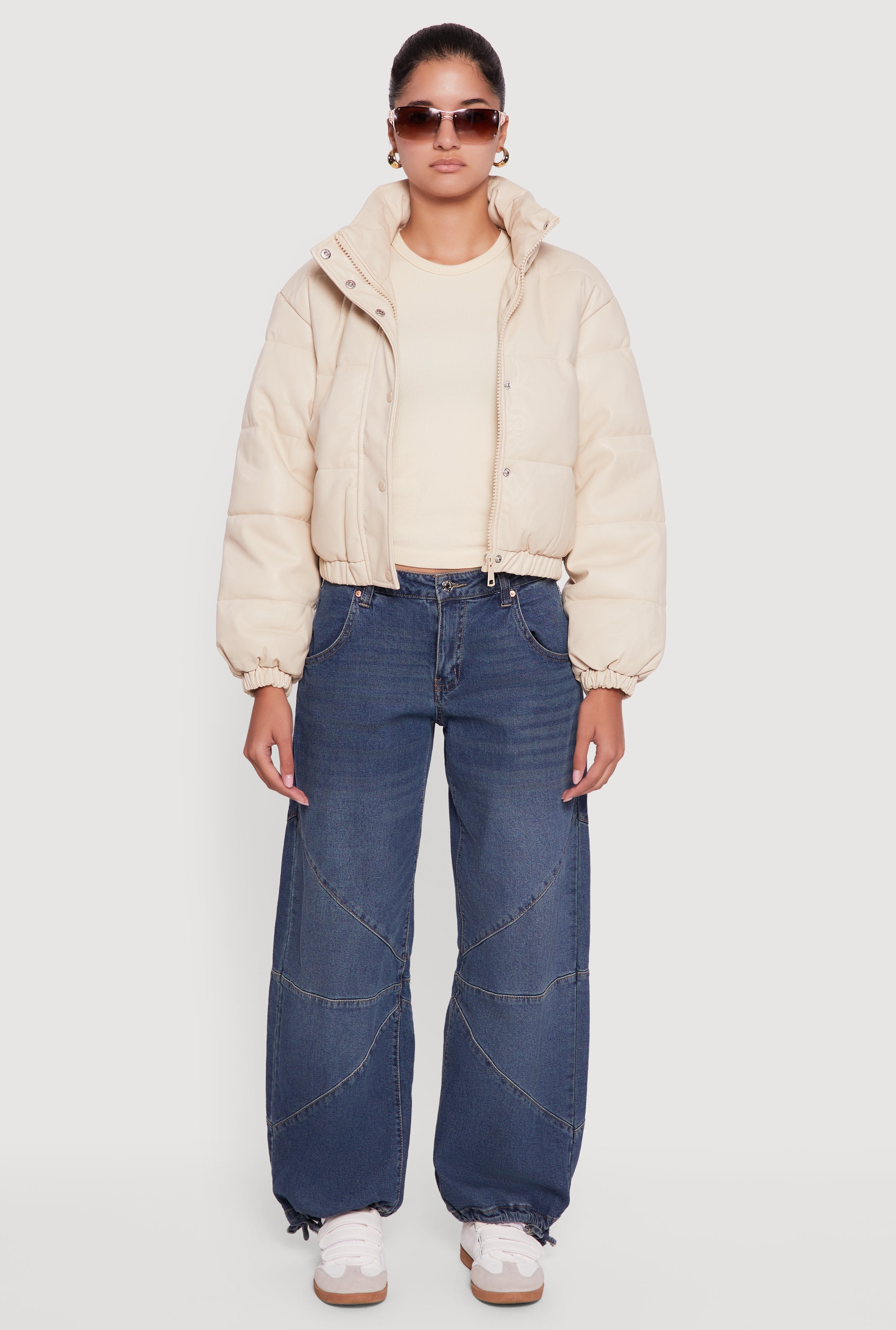 Faux Leather Snap Button Detail Zip Front Puffer Jacket